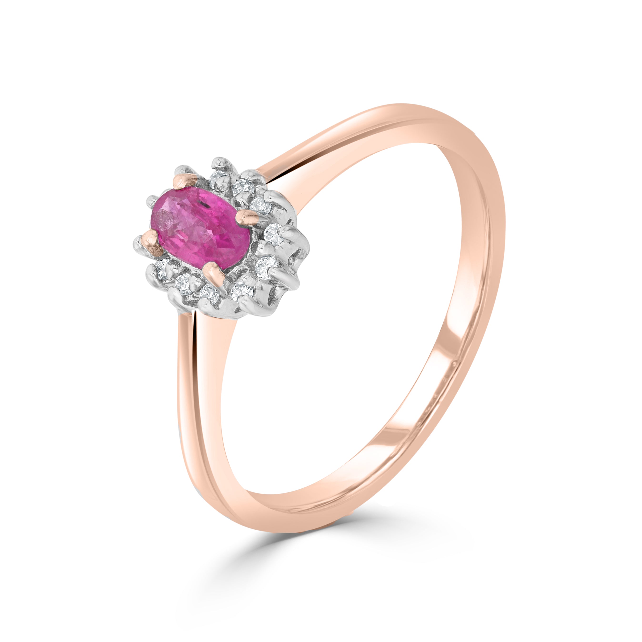 9ct Rose Gold 5x3 Oval Ruby & Diamond Claw Set Cluster Ring Rhodium to Diamonds