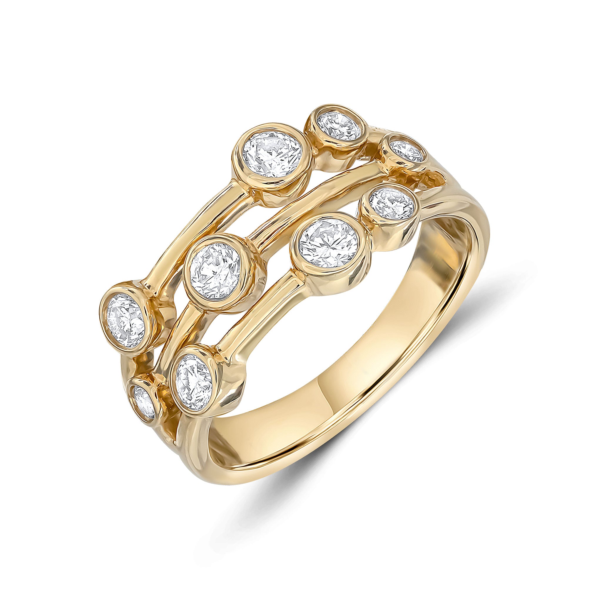 18ct Yellow Gold Round Diamond 3 Row Bubble Ring 0.75ct Total