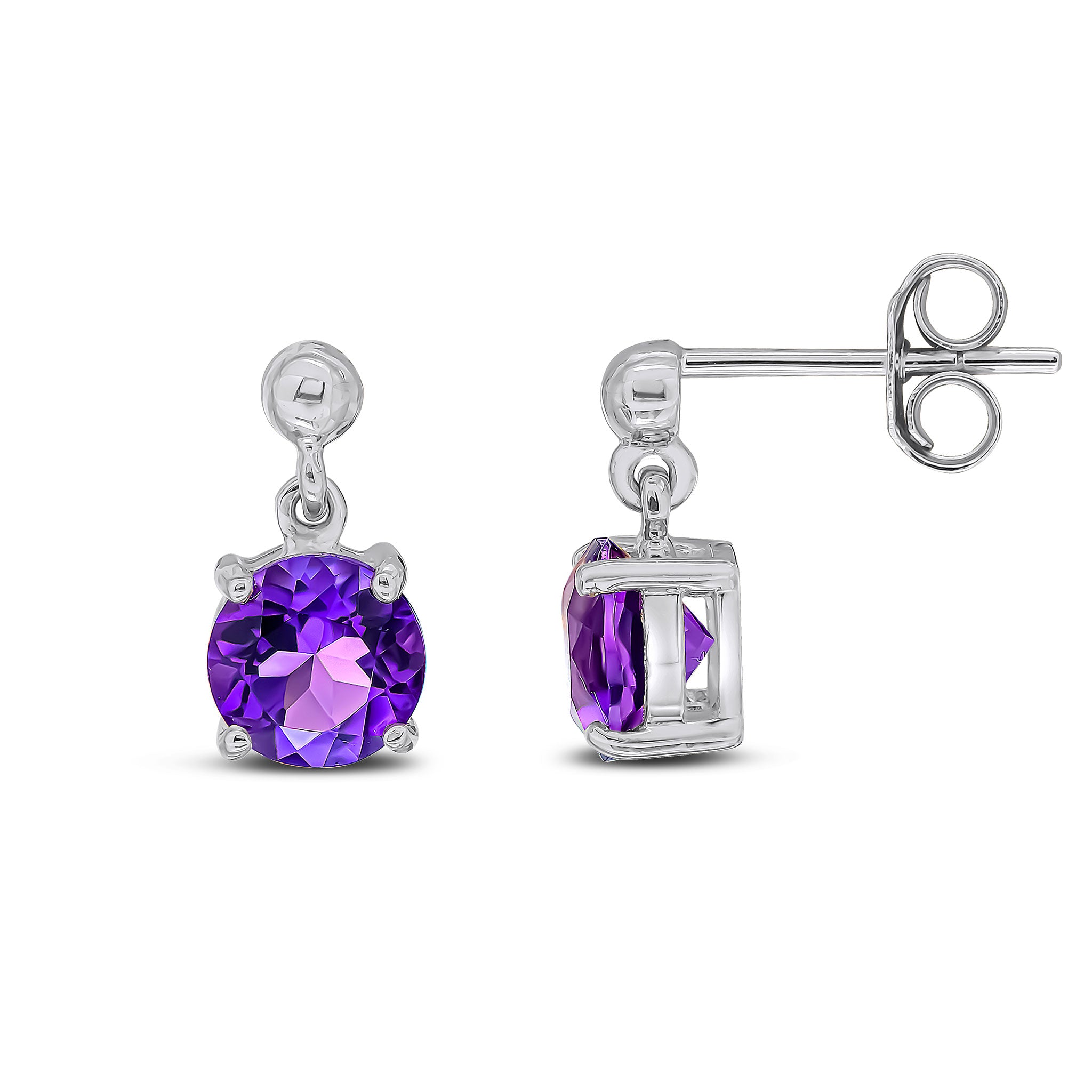 9ct White Gold 6mm Round Amethyst Claw Set Drop Earrings with Bead Top