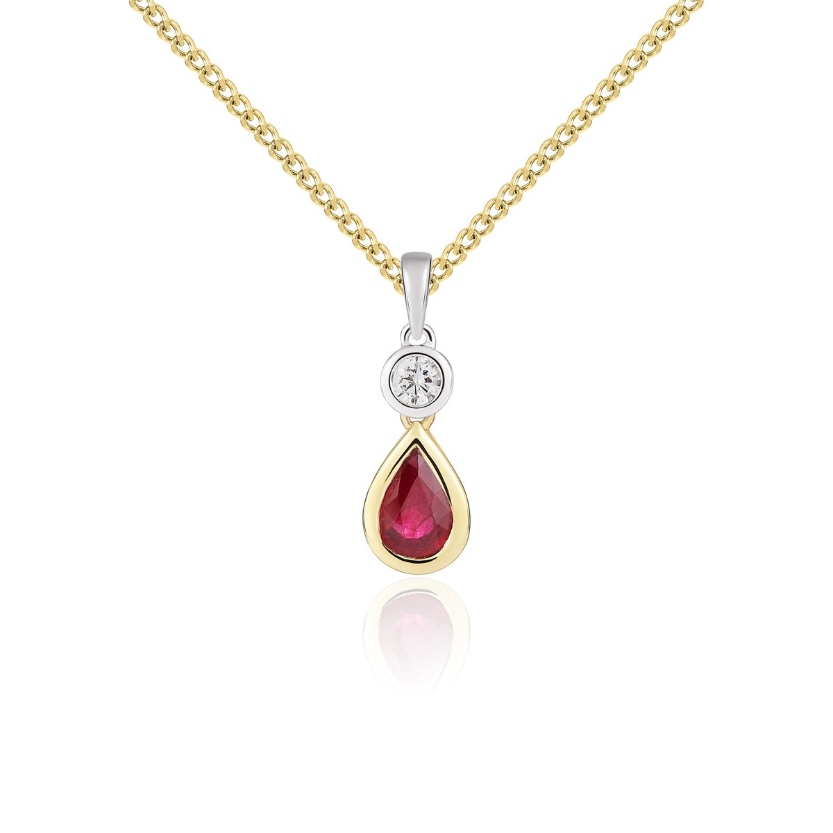 18ct Ywg Pear Shape Ruby and Round Diamond 2 Stone Rubover Pendant