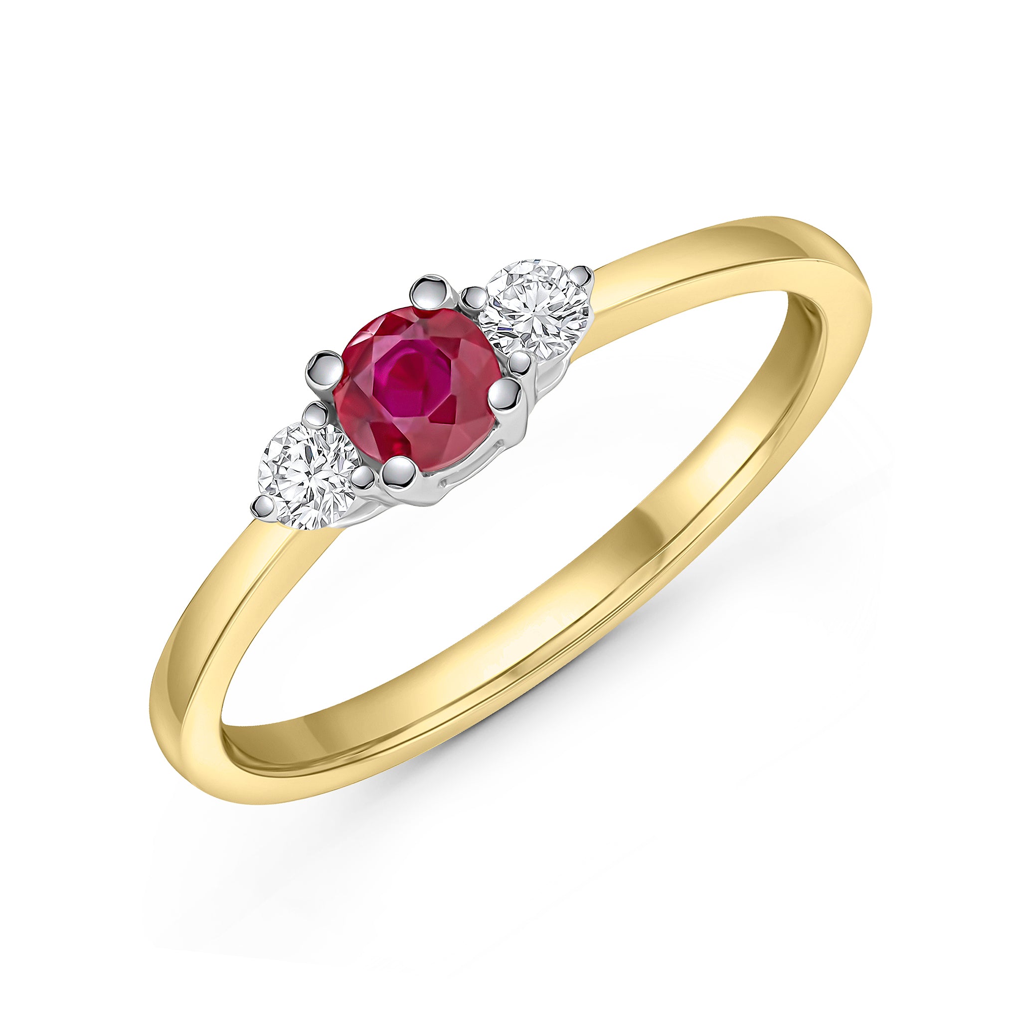 18ct Ywg 4mm Round Ruby and Diamond Claw Set 3 Stone Ring
