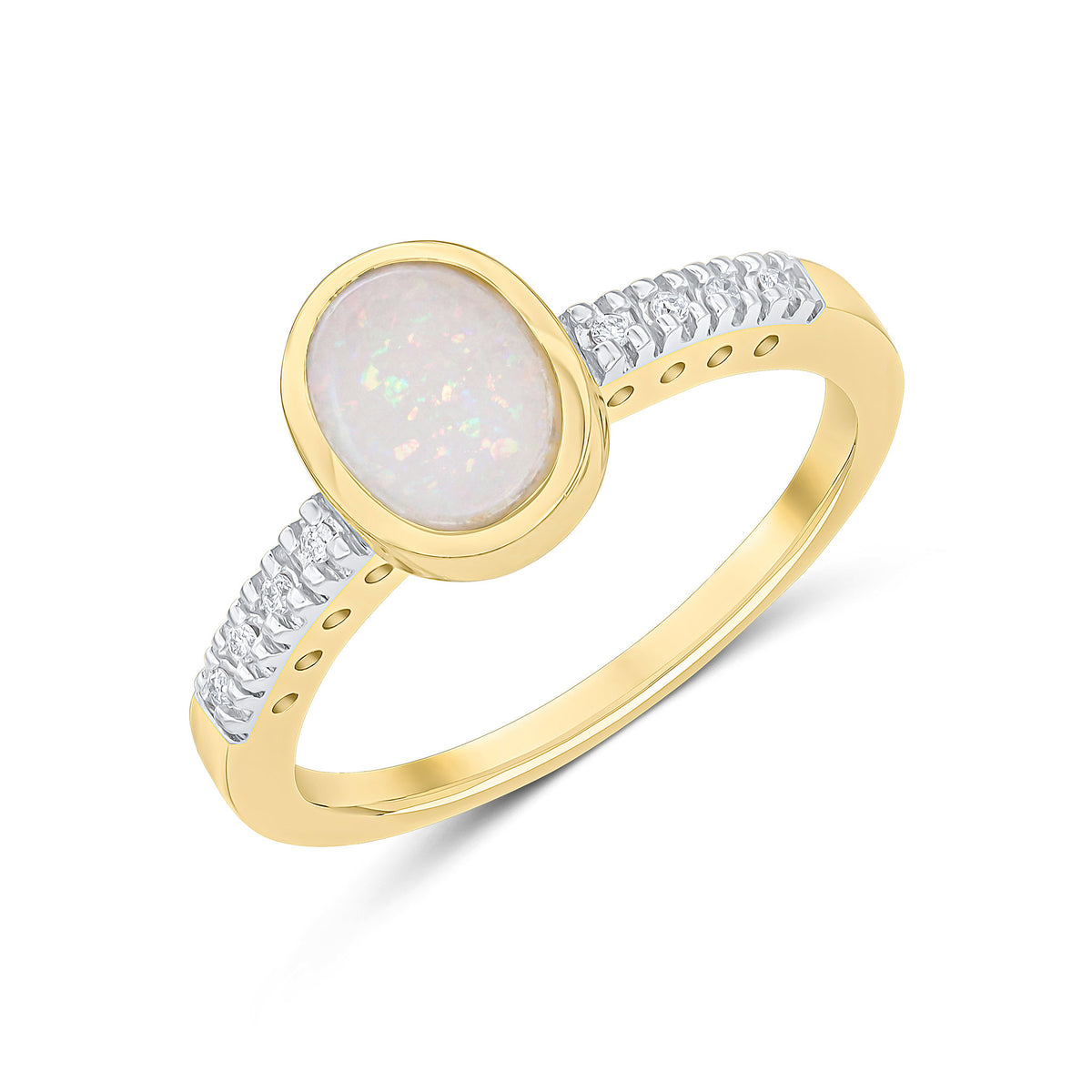 9ct Yellow Gold Rubover 9x7 Oval Opal Single Stone Ring with Claw Set Diamond Shoulders
