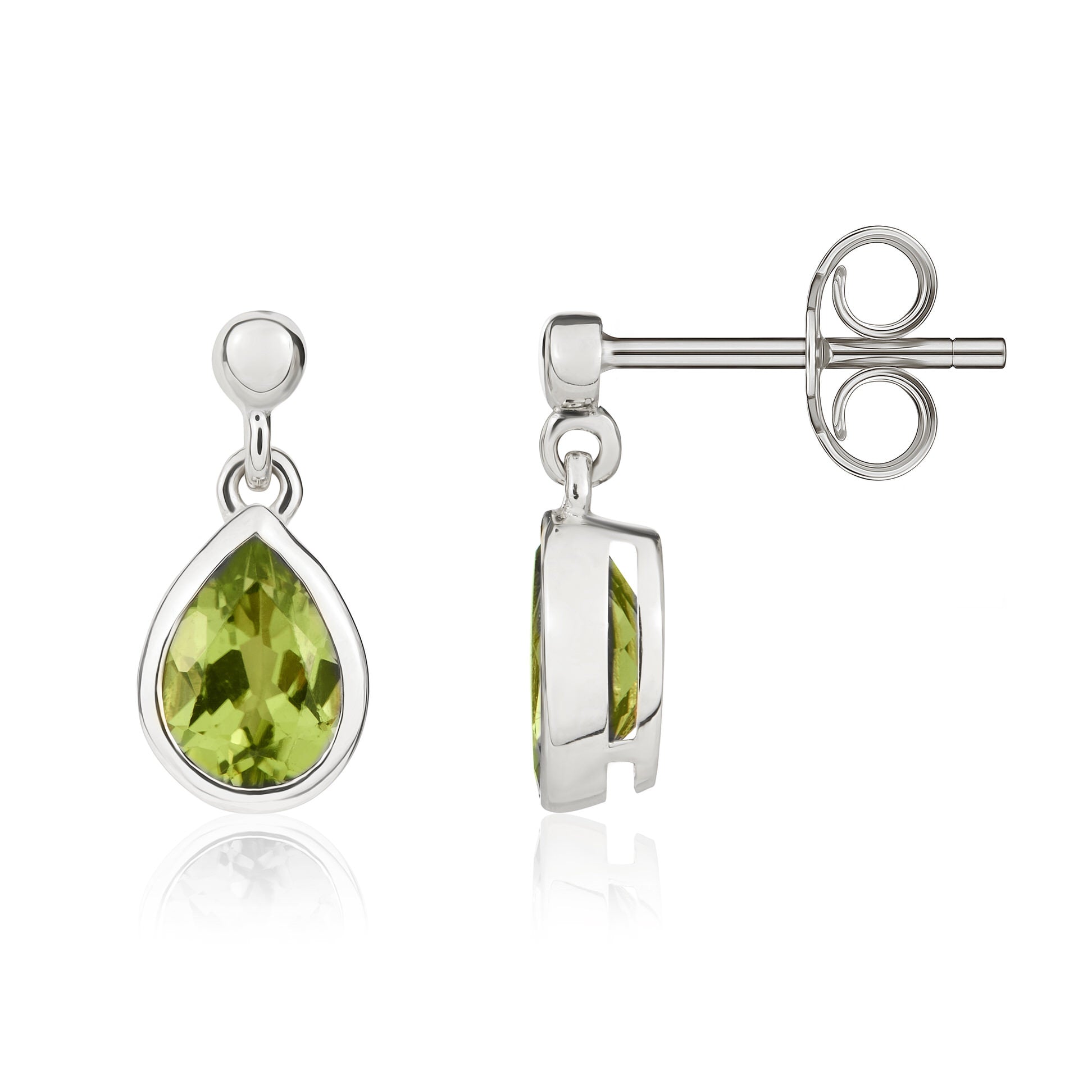 9ct White Gold 7x5 Pear Shape Peridot Rubover Drop Earrings with Bead Stud Top