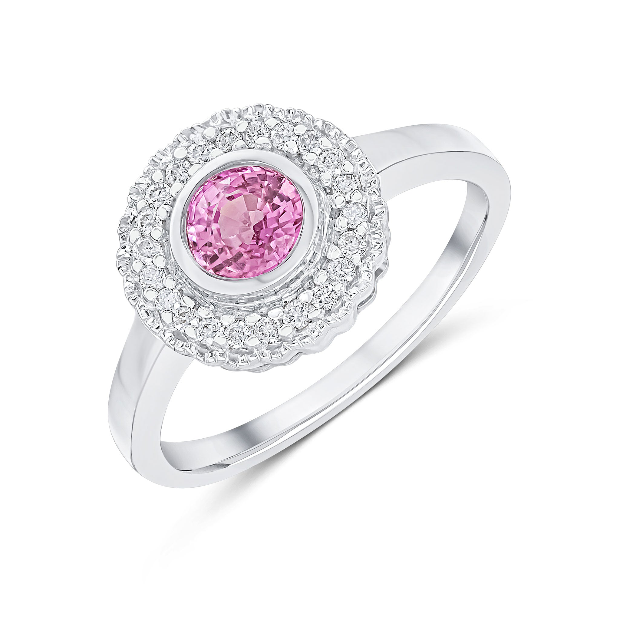 9CT WG ROUND RUBOVER PINK SAPPHIRE AND MILLEGRAIN ROUND DIAMOND CLUSTER RING * STONE SHORTAGE SO CAN'T ORDER * 1