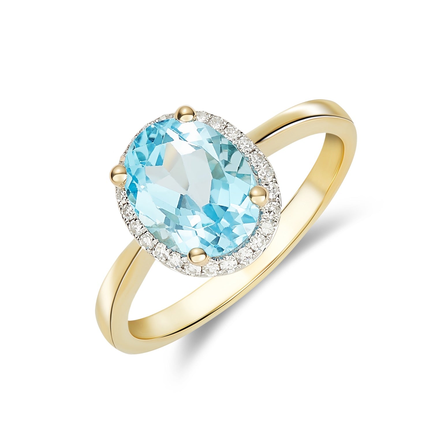 9ct Yellow Gold 9x7 Oval Swiss Blue Topaz and Diamond Claw Set Cluster Ring Rhodium to Diamonds