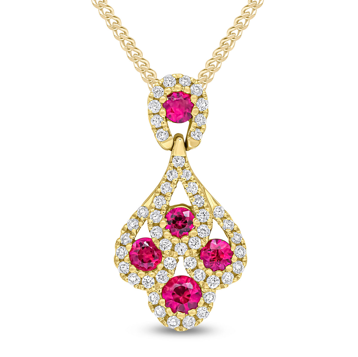 18ct Yellow Gold Round Ruby and Diamond 'peacock' Pendant