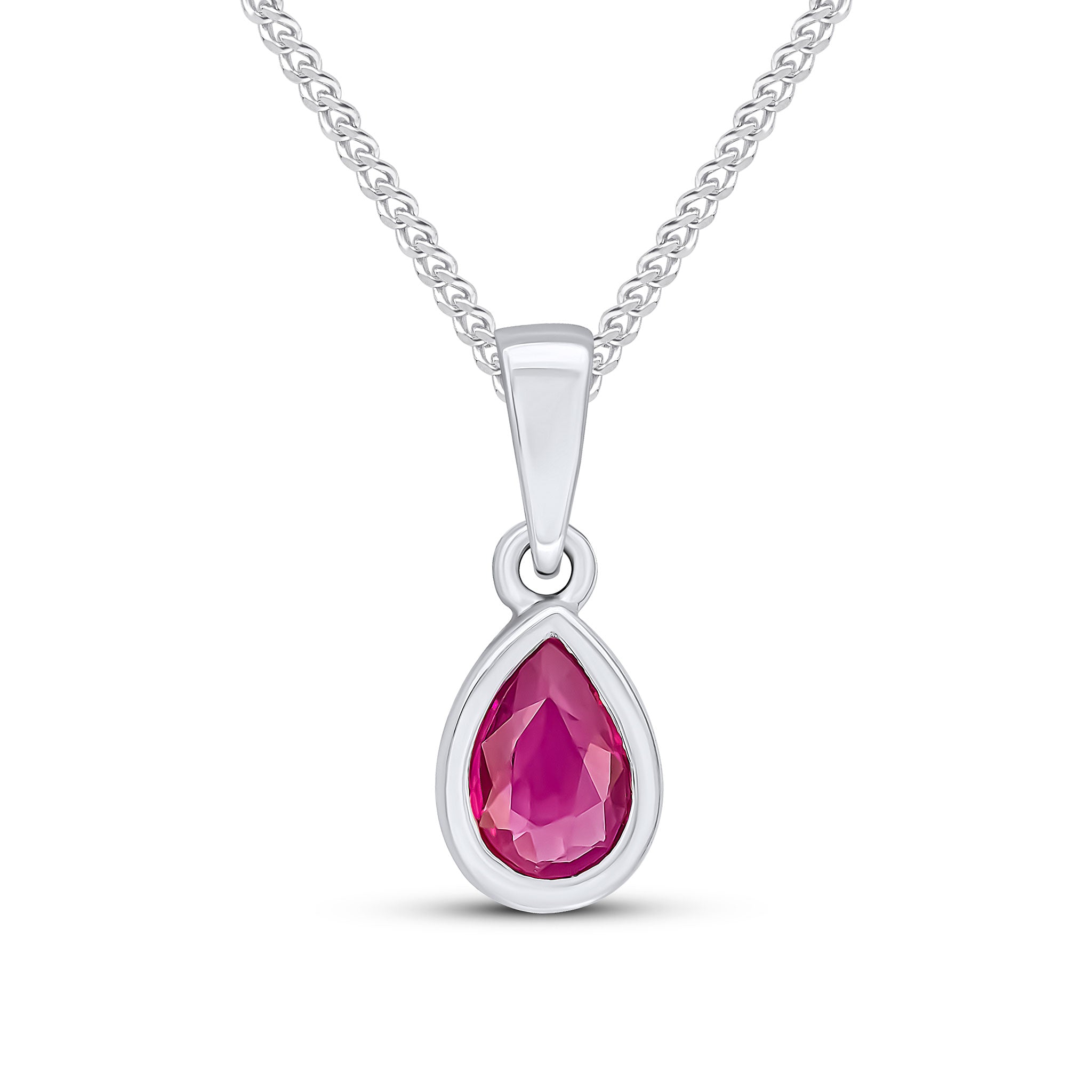 9ct White Gold 6x4 Pear Shape Ruby Rubover Single Stone Pendant