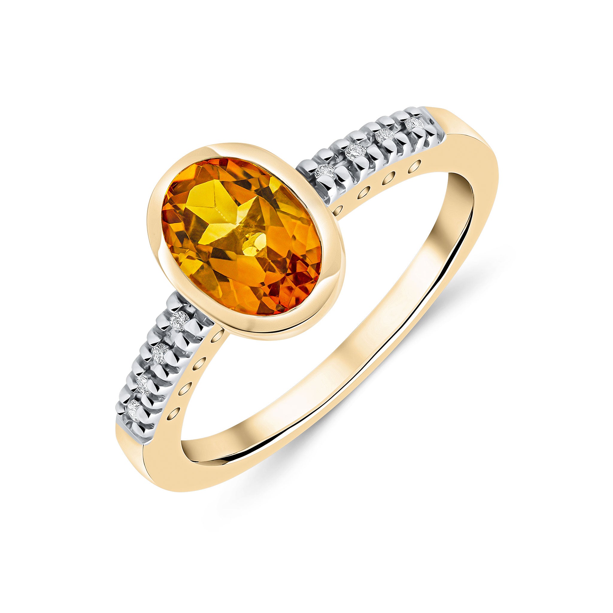 9CT YG RUBOVER 8X6 OVAL CITRINE SINGLE STONE RING WITH CLAW SET DIAMOND SHOULDERS. RHODIUM TO DIAMONDS 1