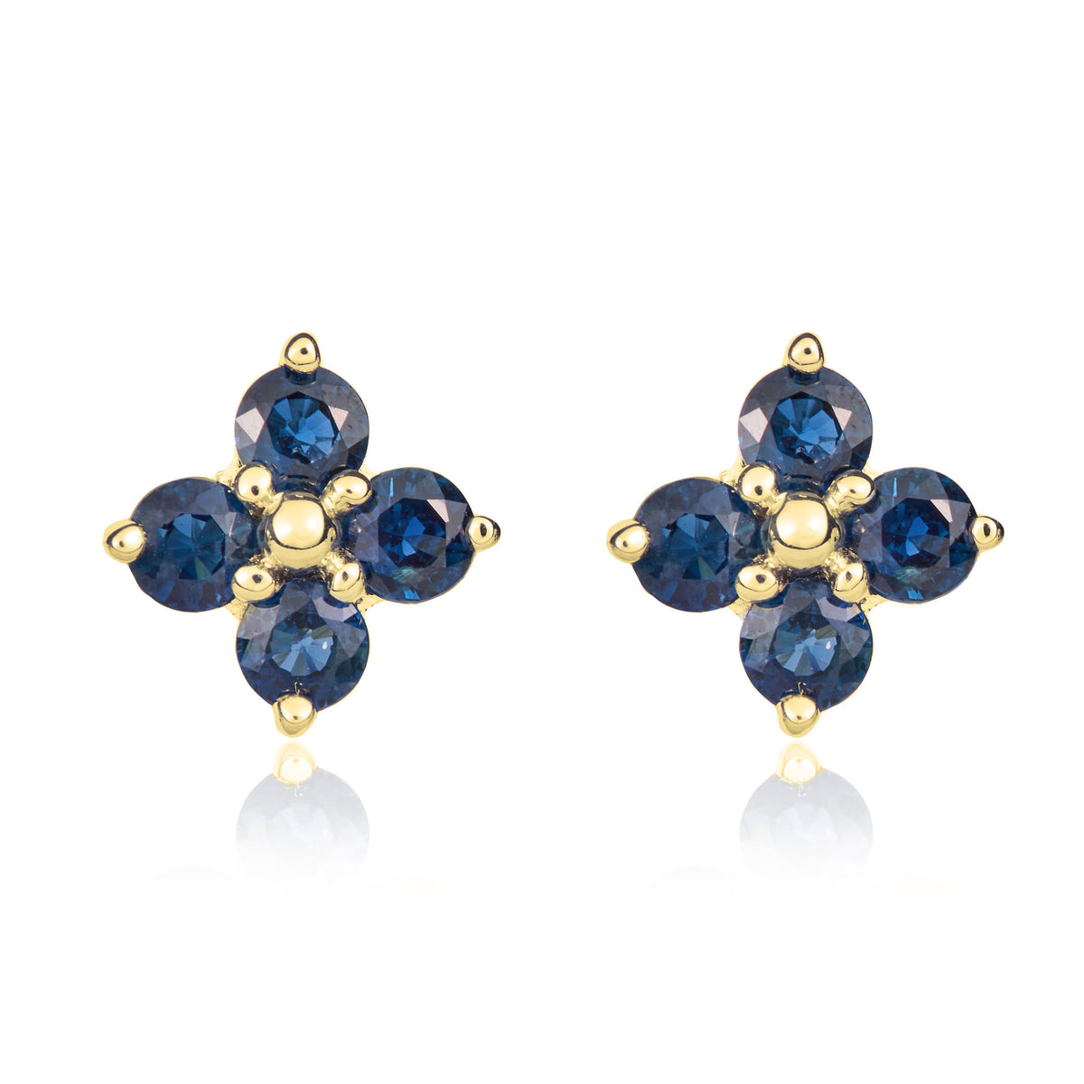 9ct Yellow Gold Round Sapphire Quatrefoil Claw Earrings
