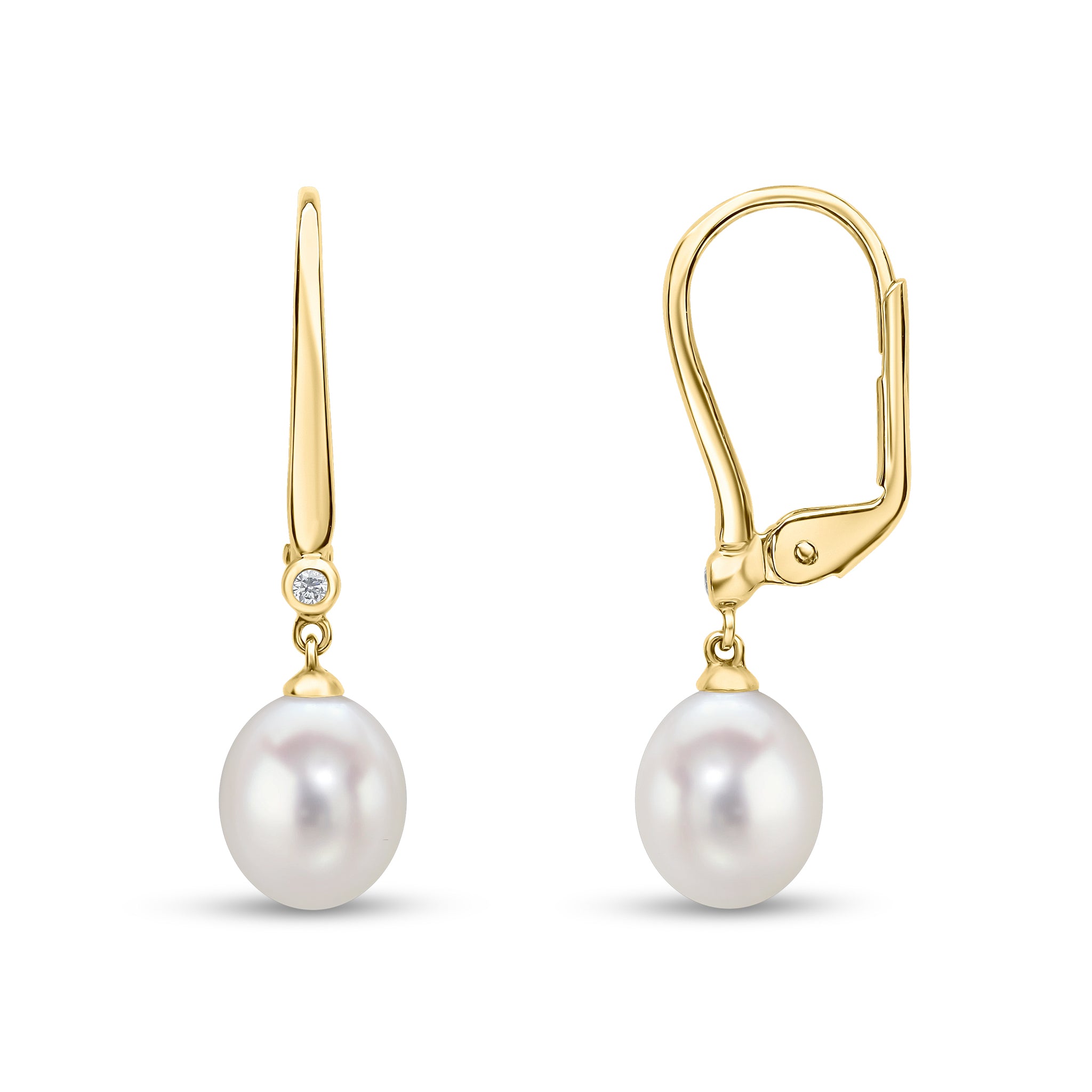 18ct Yellow Gold Cfw Pearl & Diamond 2 Stone Drop Earrings On Hook Clip Fitting