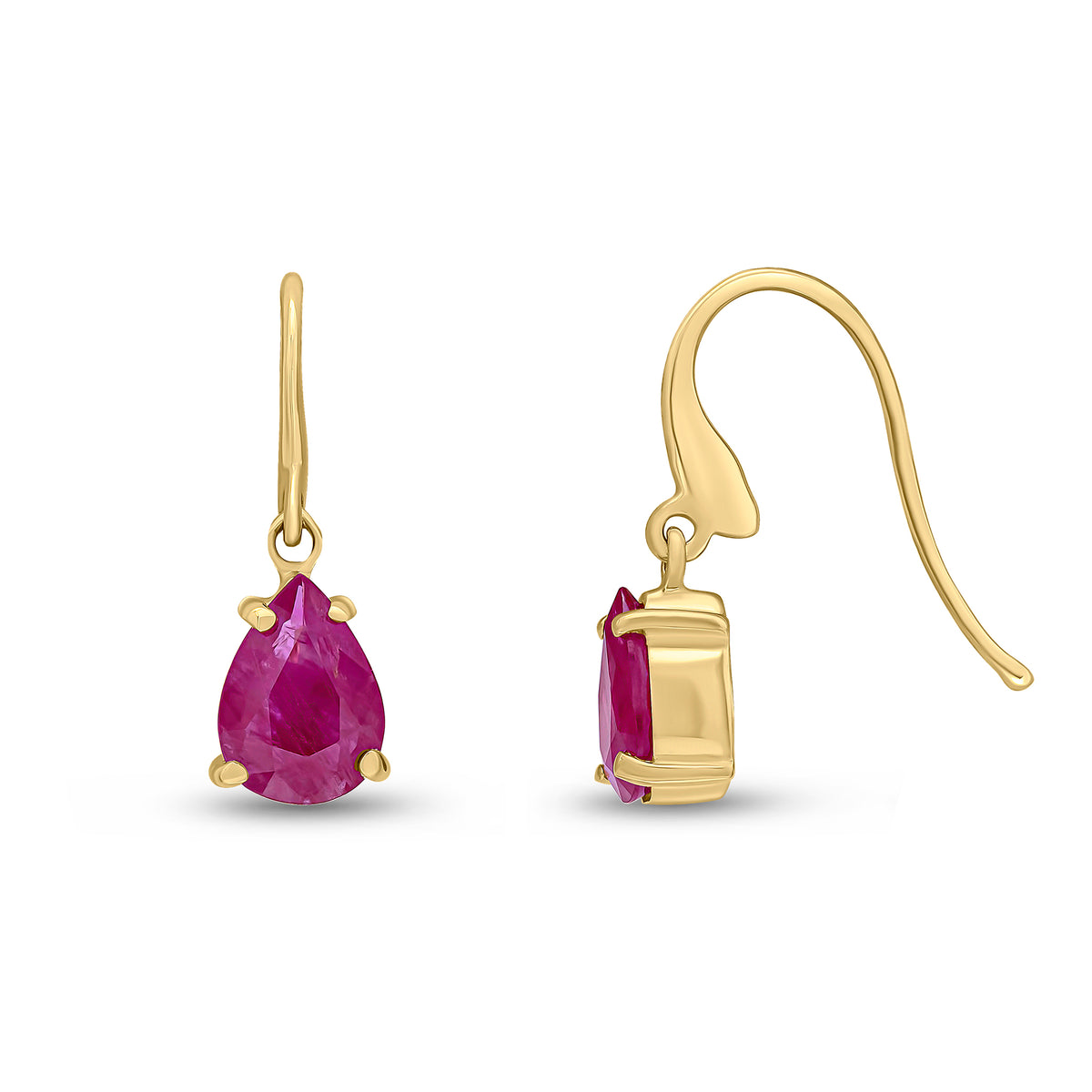 9ct Yellow Gold 7x5mm Pear Shape Ruby Claw Set Wire Hook Drop Earrings