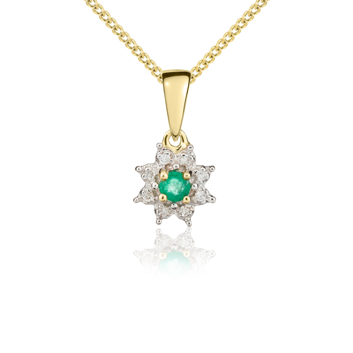 9ct Yellow Gold Round Emerald & Diamond Cluster Pendant