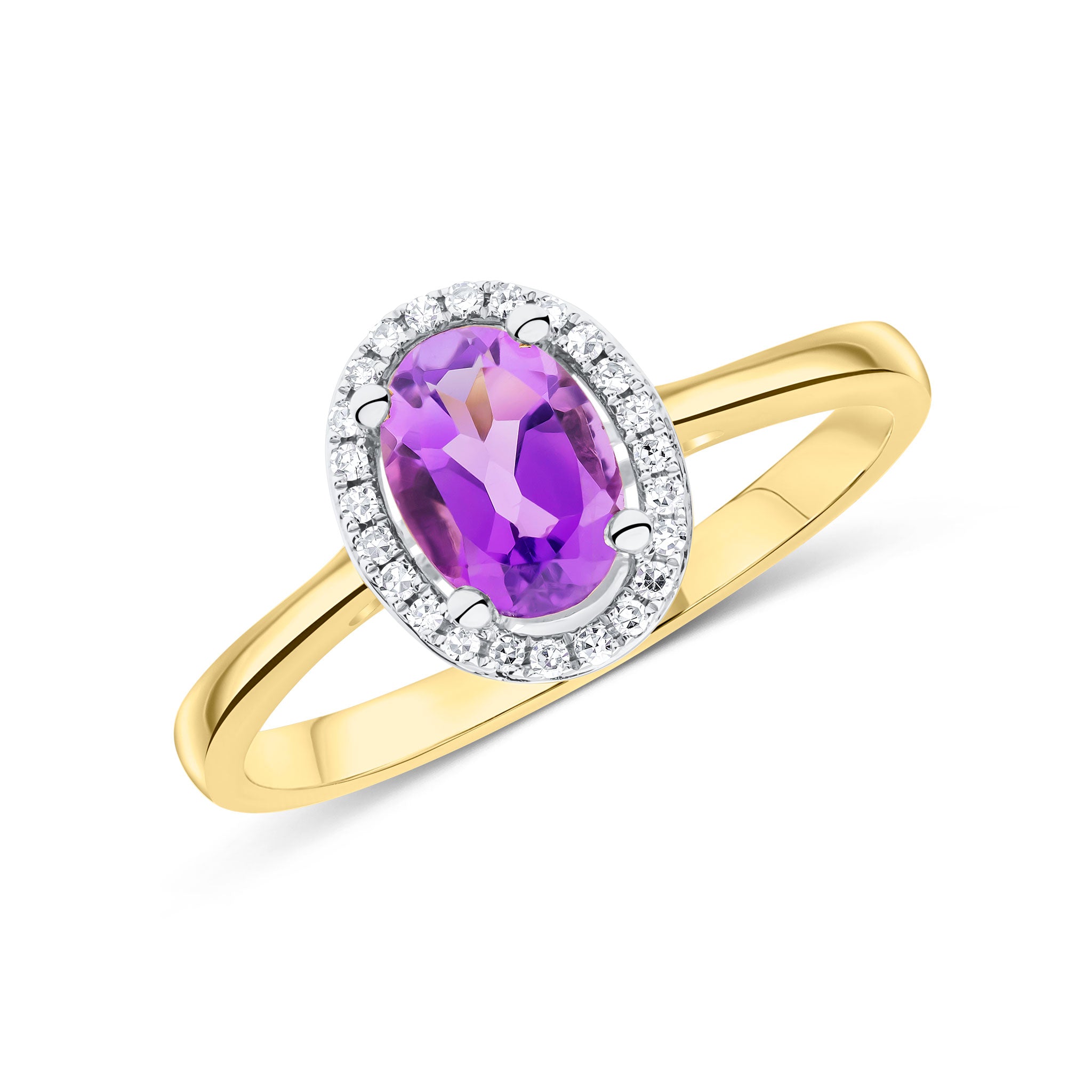 9ct Yellow Gold 7x5 Oval Amethyst & Round Diamond Halo Cluster Ring Rhodium to Diamonds