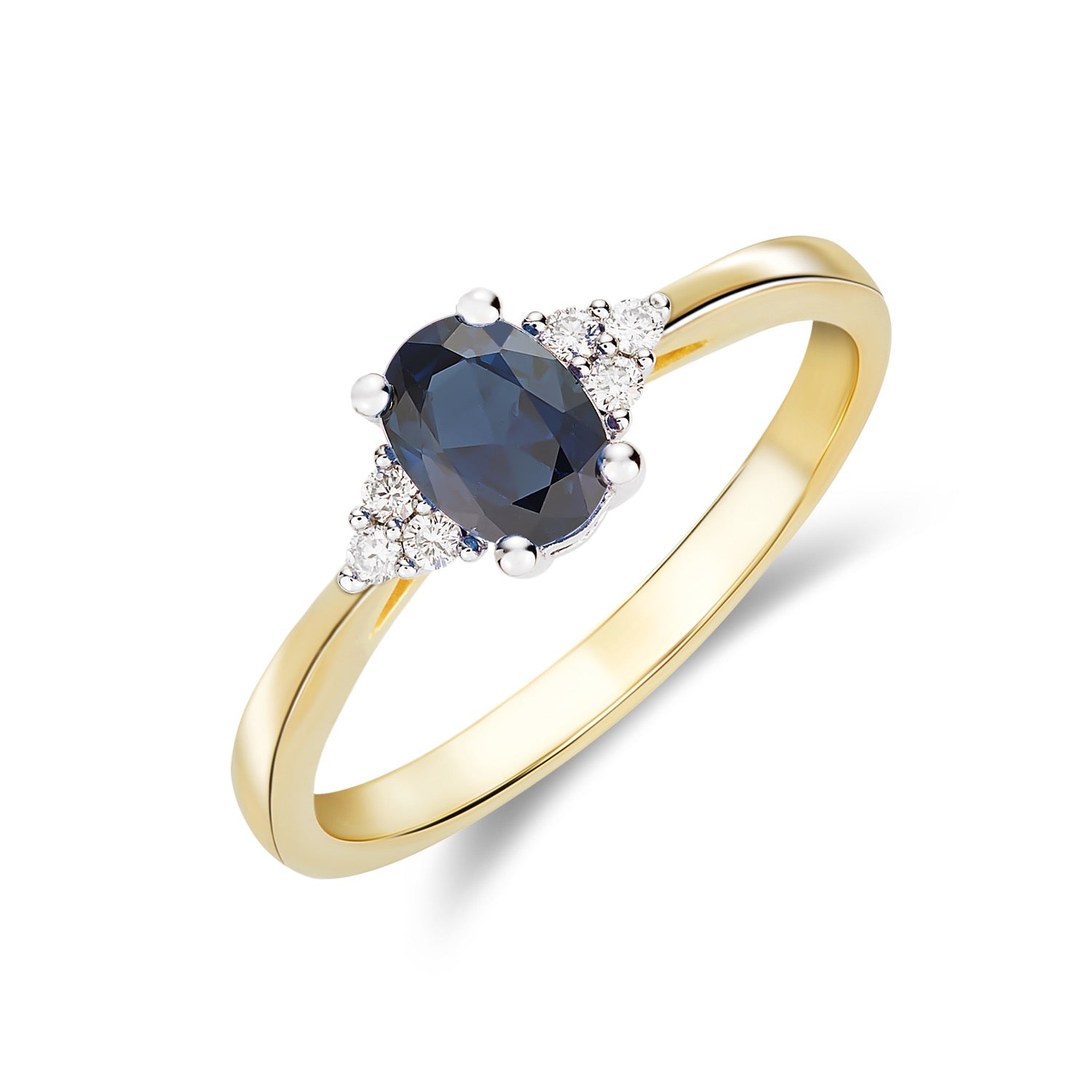 9ct Ywg 7x5 Oval Sapphire & Diamond Trefoil Shoulders Claw Set Ring