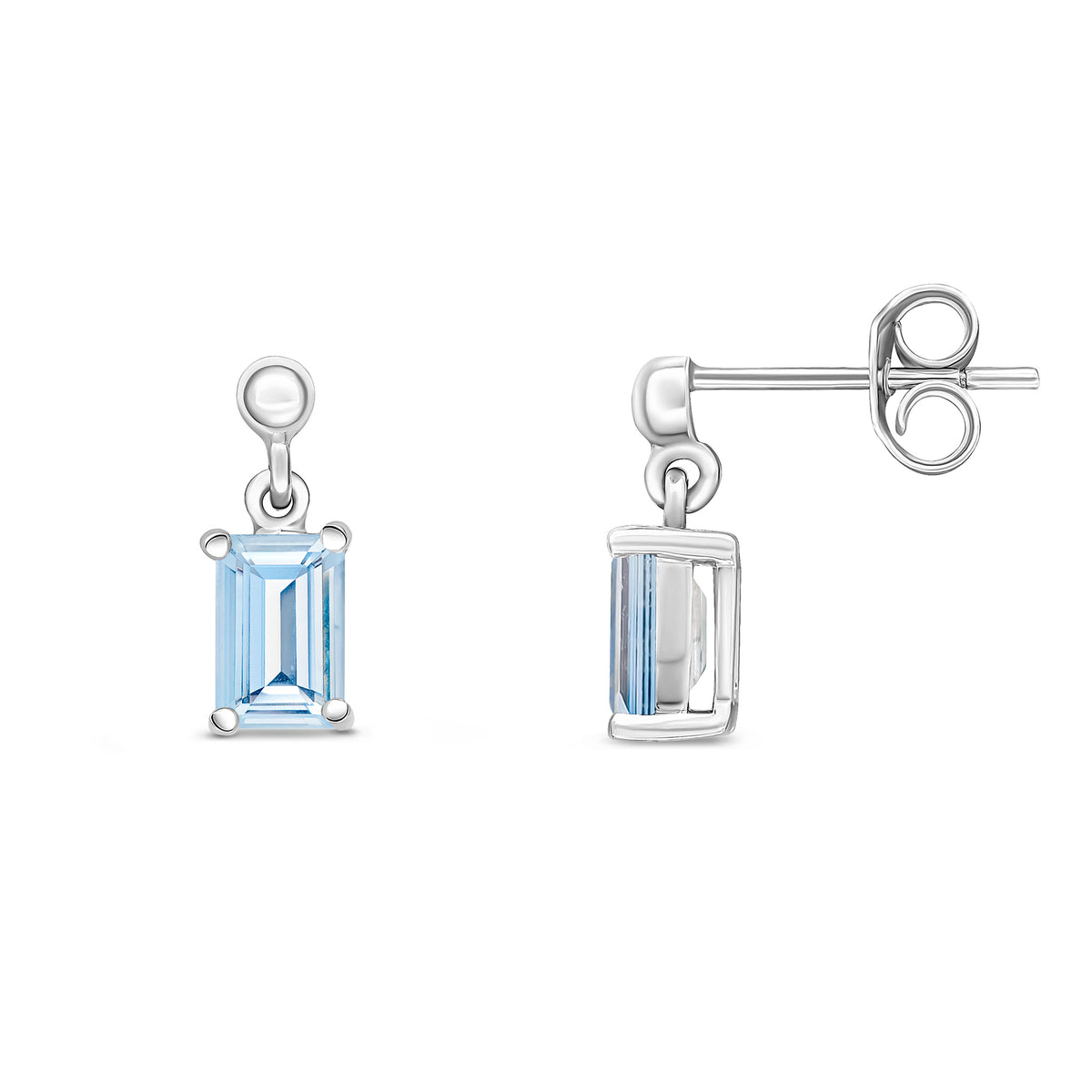 9ct White Gold 6x4 Octagon Aquamarine Claw Set Drop Earrings with Bead Top