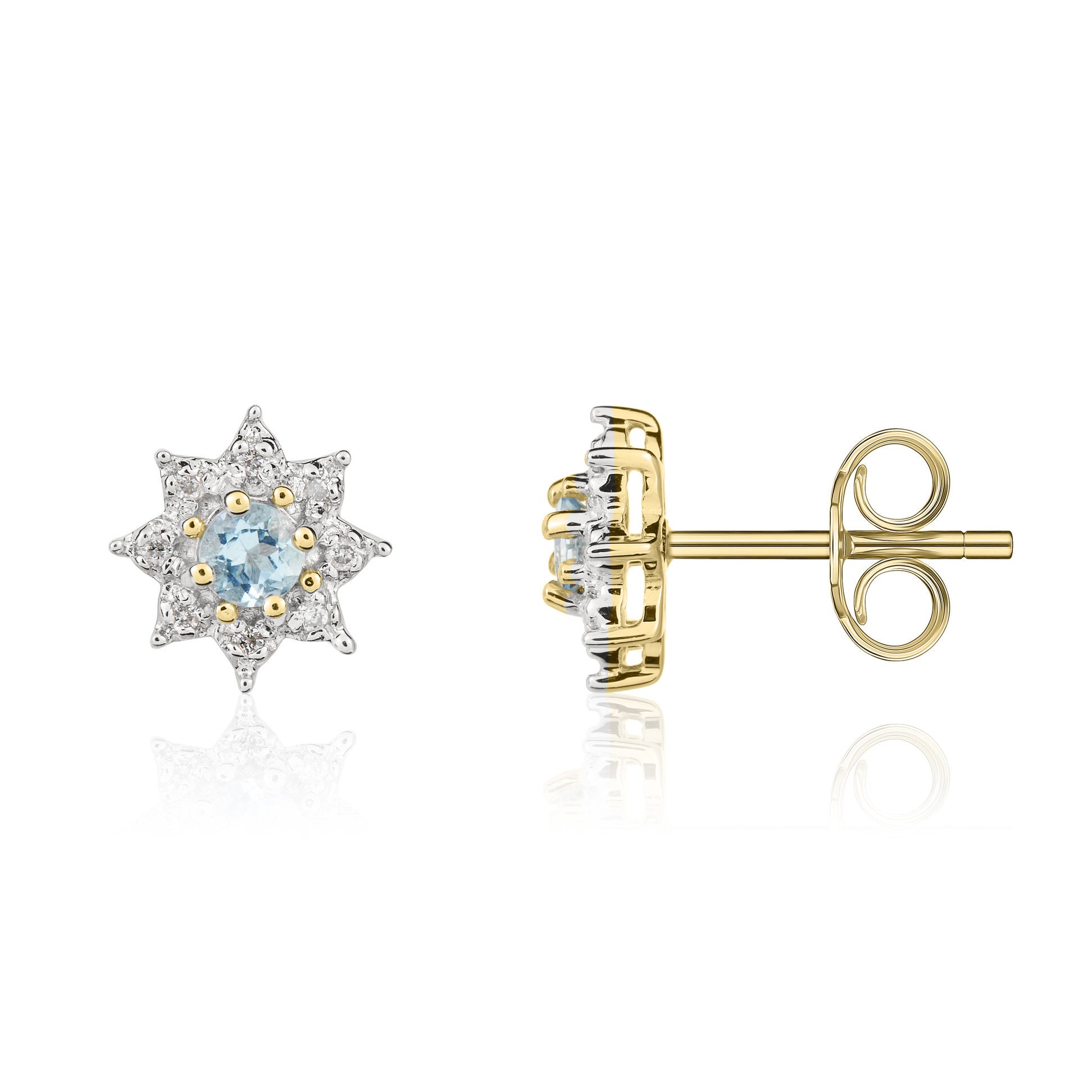 9ct Yellow Gold Round Aq & Diamond Cluster Ers
