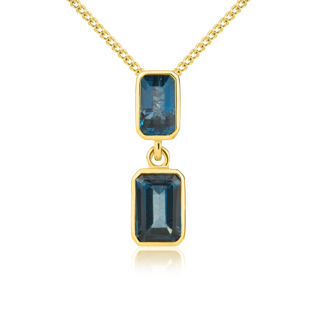 9ct Yellow Gold Octagon London Blue Topaz 2 Stone Rubover Drop Pendant