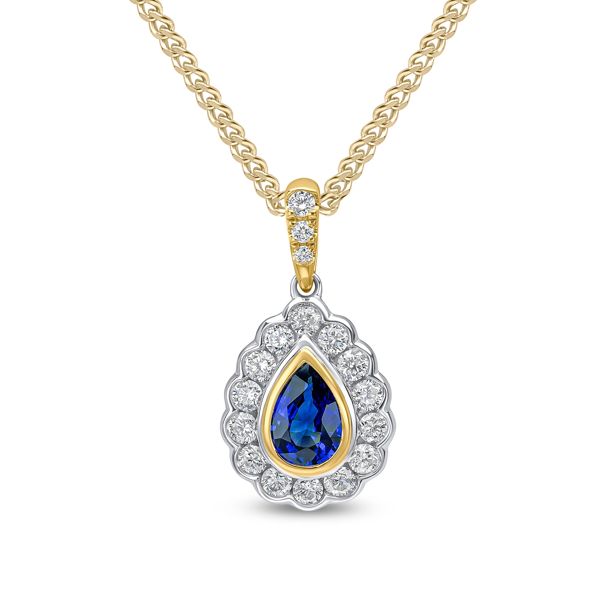 18ct Ywg Pear Shape Sapphire and Round Diamond Rubover Cluster Pendant Claw Set Diamond Loop