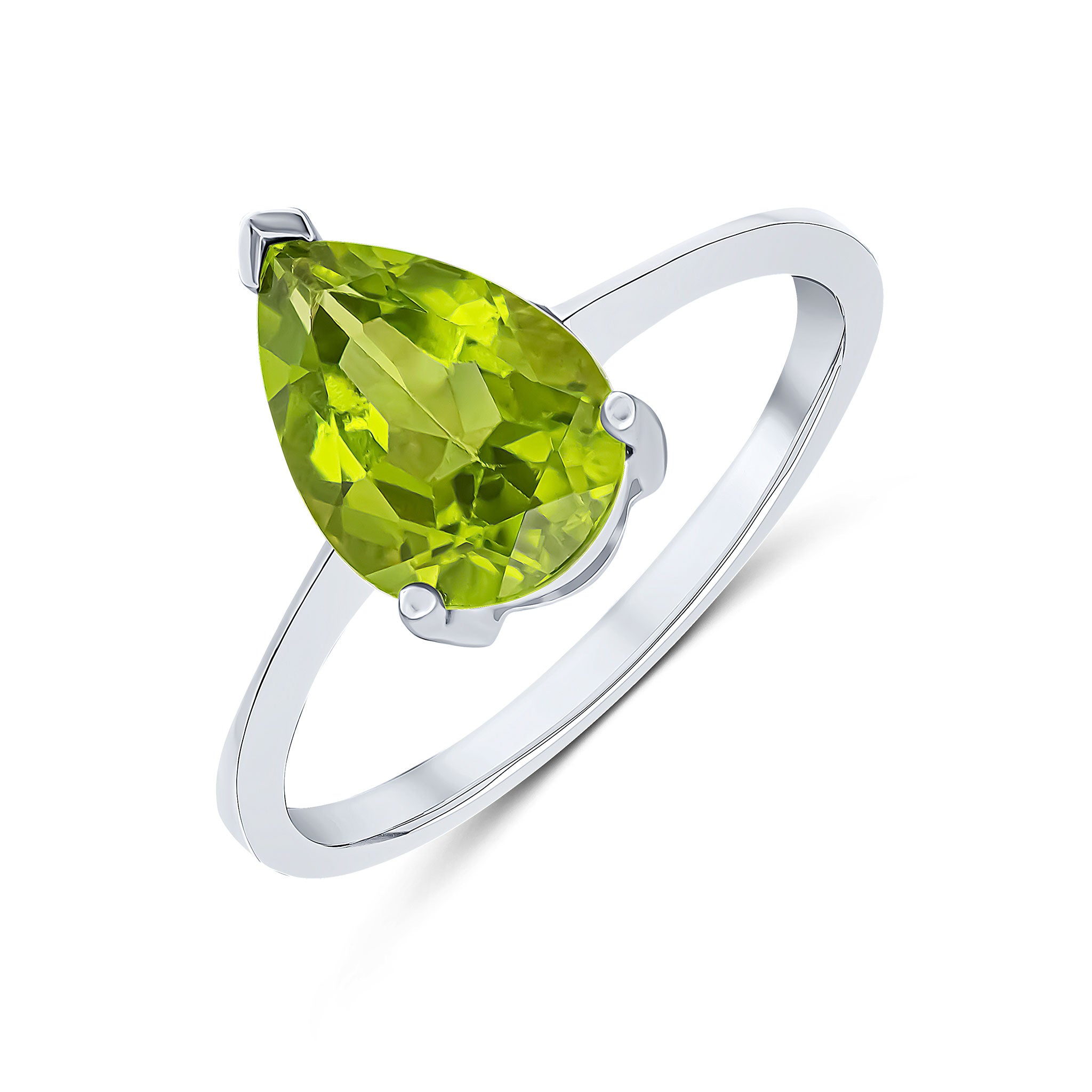 9ct White Gold 10x7mm Pear Shape Peridot Claw Single Stone Ring