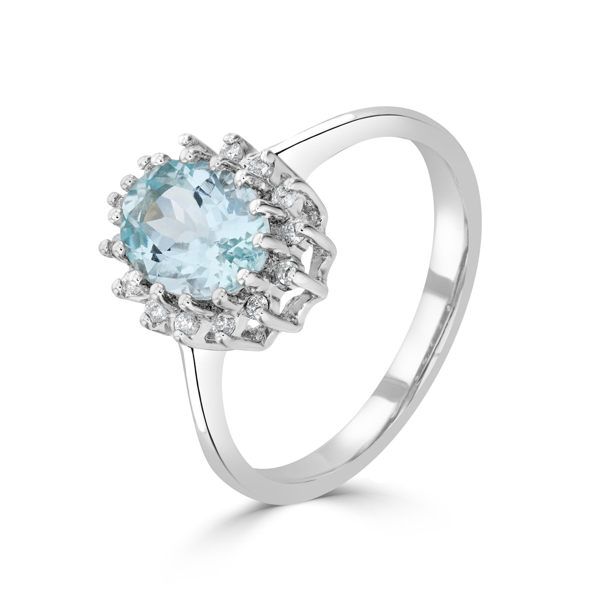 9ct White Gold 8x6 Oval Aquamarine & Diamond Claw Set Cluster Ring