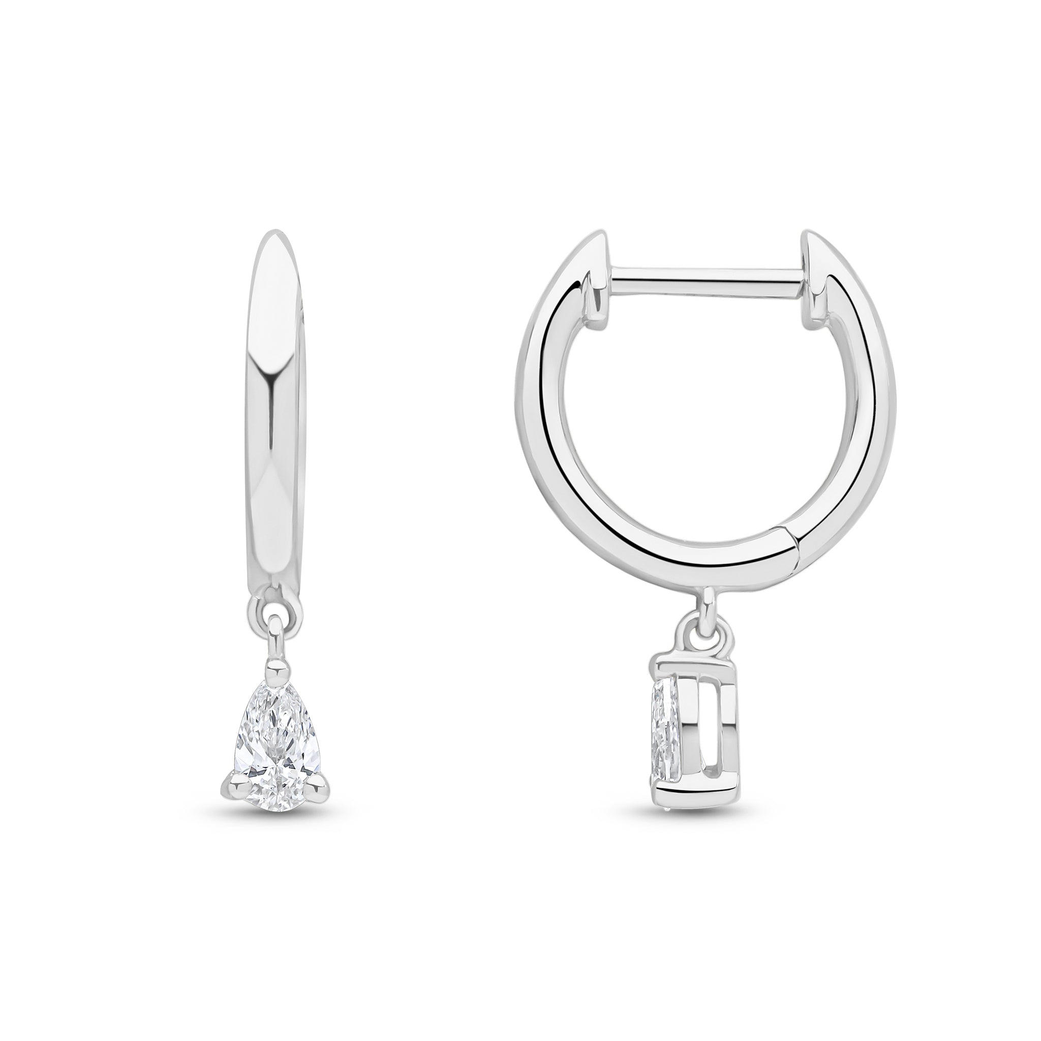 18ct White Gold Plain Hoop Top with Pear Shape Cut Diamond Drop Earrings