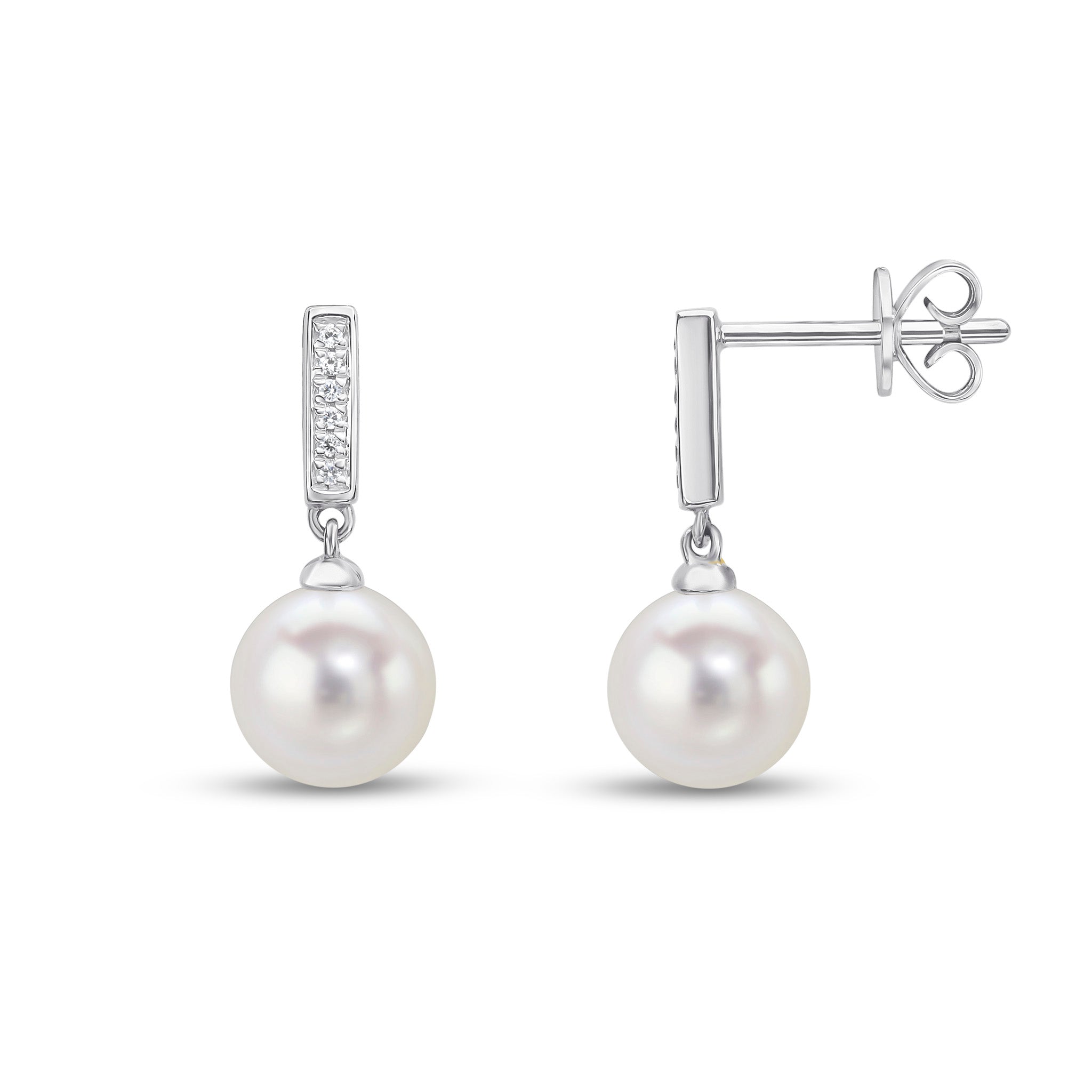 18ct White Gold Round Freshwater Cultured Pearl and Diamond Line Top Drop Earrings