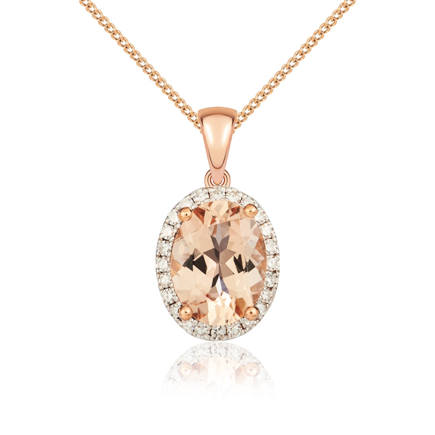 9ct rose gold 8 x 6mm oval morganite & diamond Claw Set cluster pendant