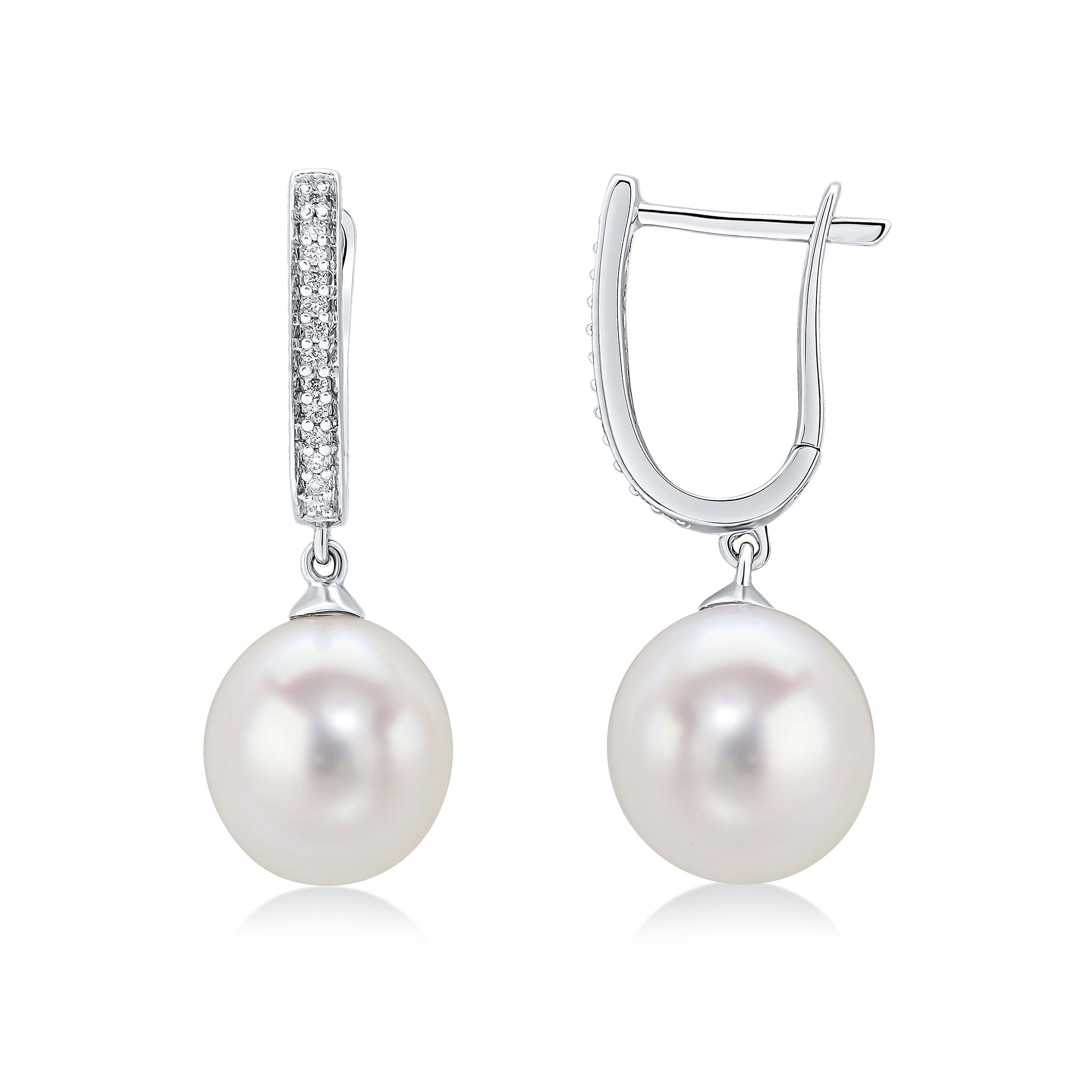18ct White Gold Freshwater Cultured Pearl and Diamond Oval Hoop Top Drop Earrings