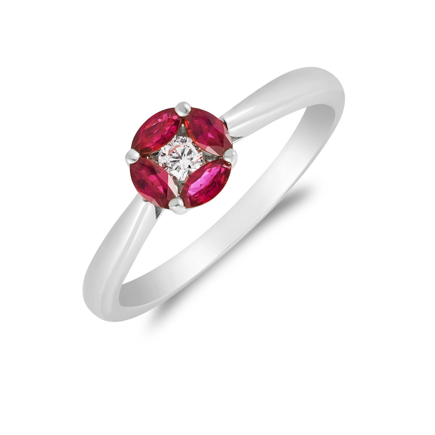 18ct White Gold Marquise Ruby & Round Diamond Cluster Ring Tapered Shank