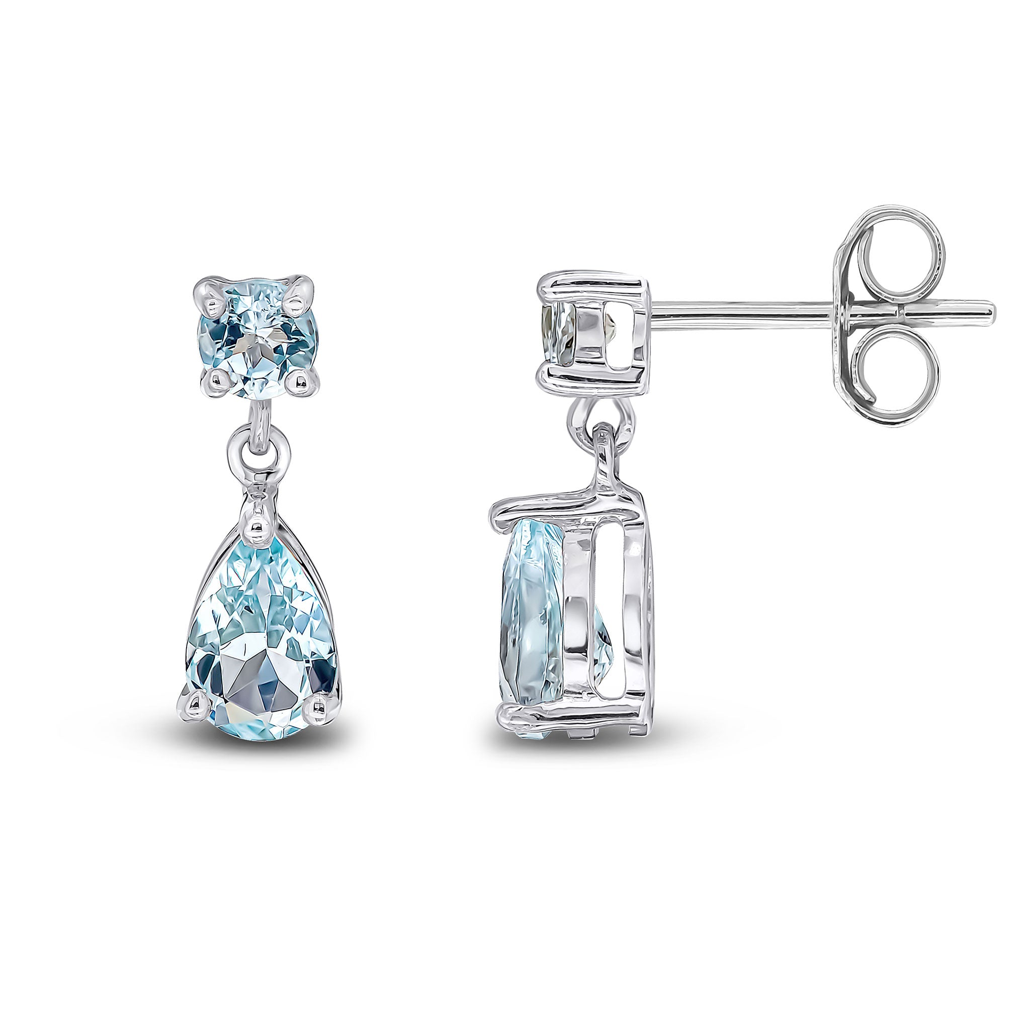 9ct White Gold Round and Pear Shape Aquamarine 2 Stone Claw Set Drop Earrings