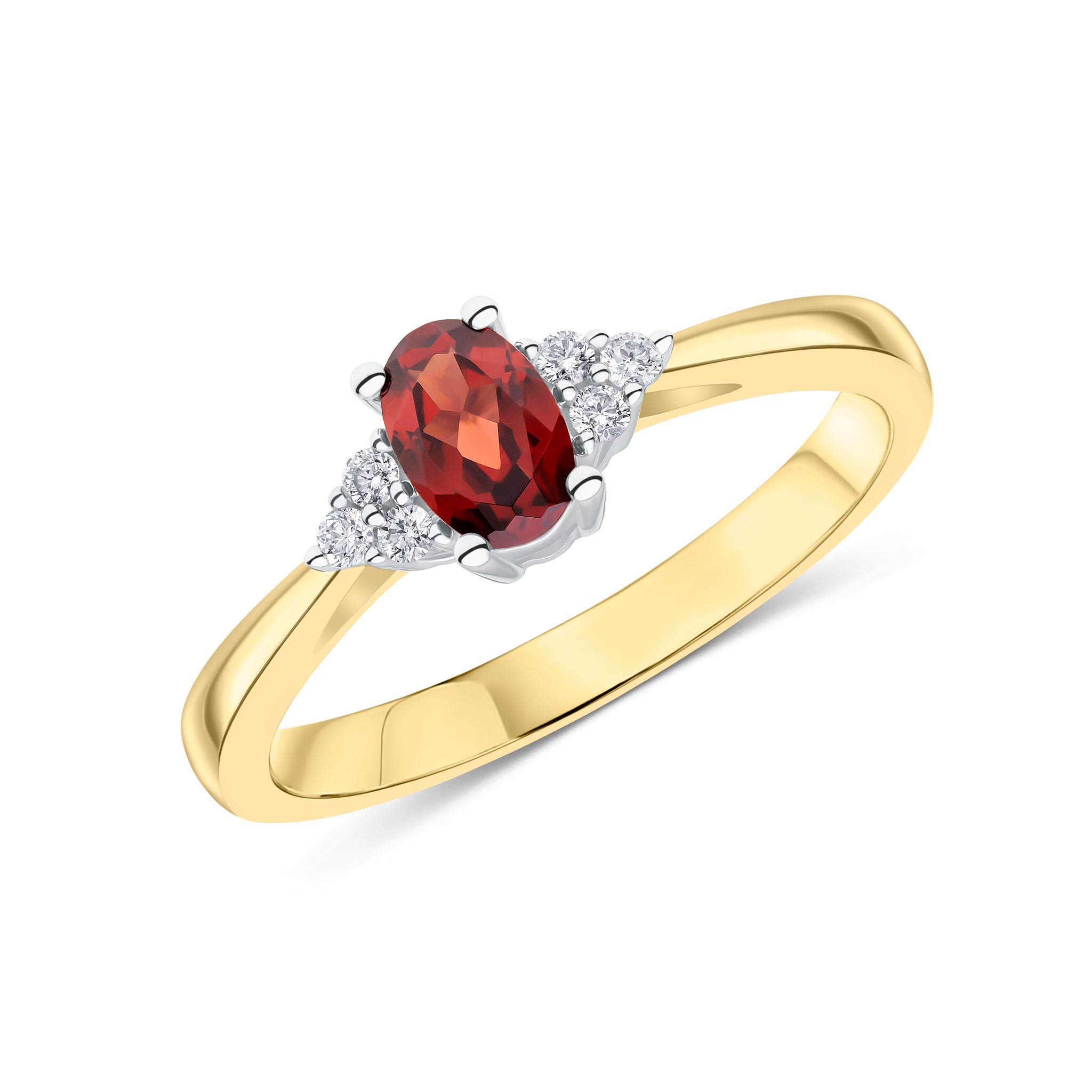 9CT YWG 6X4 OVAL GARNET AND ROUND DIAMOND TREFOIL SHOULDERS RING 1