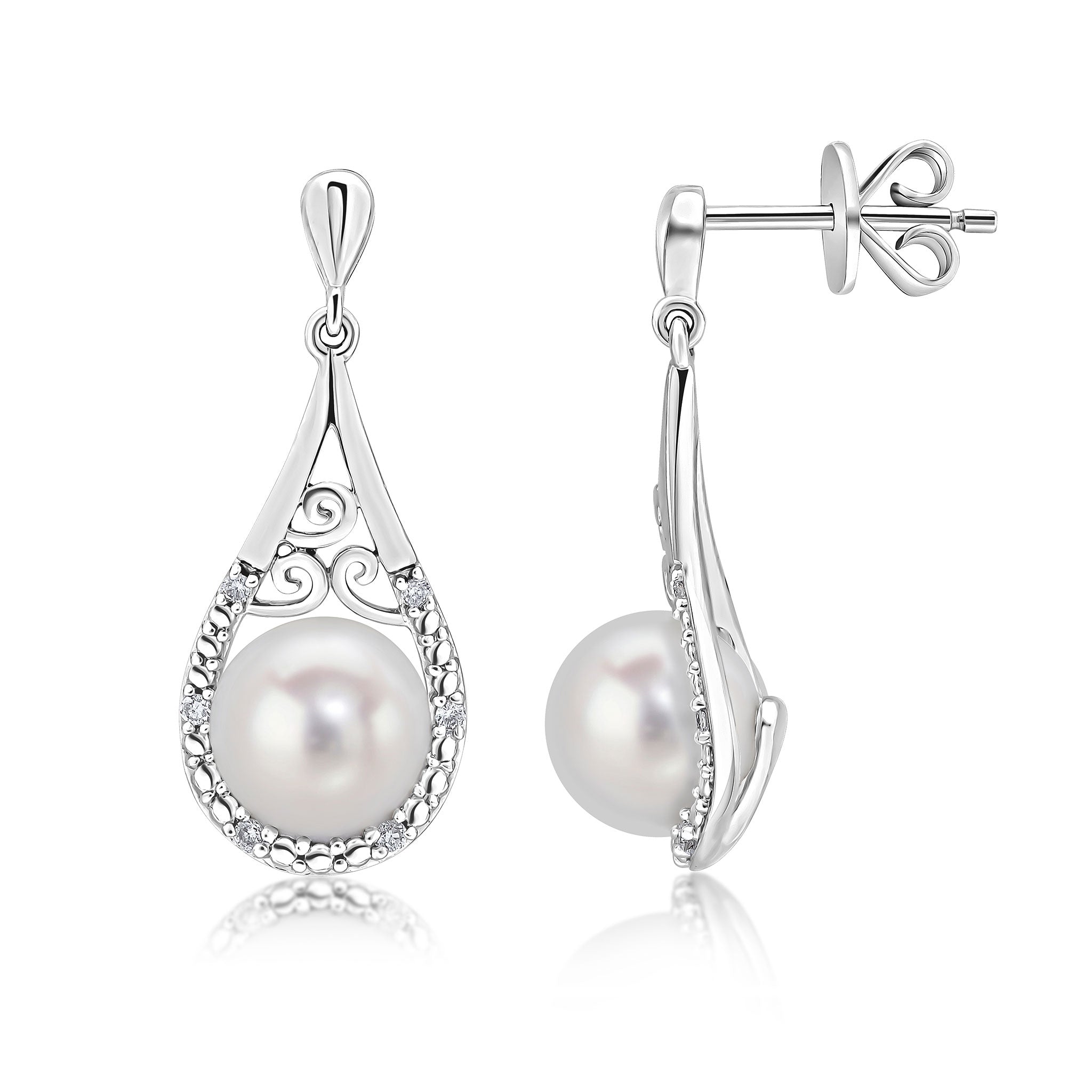 9ct White Gold Cfw Pearl & Grain Set Diamond Pear Shape Drop Earrings