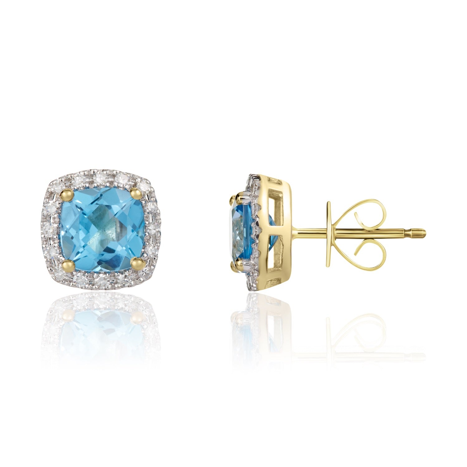 9ct Yellow Gold Cushion Swiss Blue Topaz & Diamond Cluster Earrings