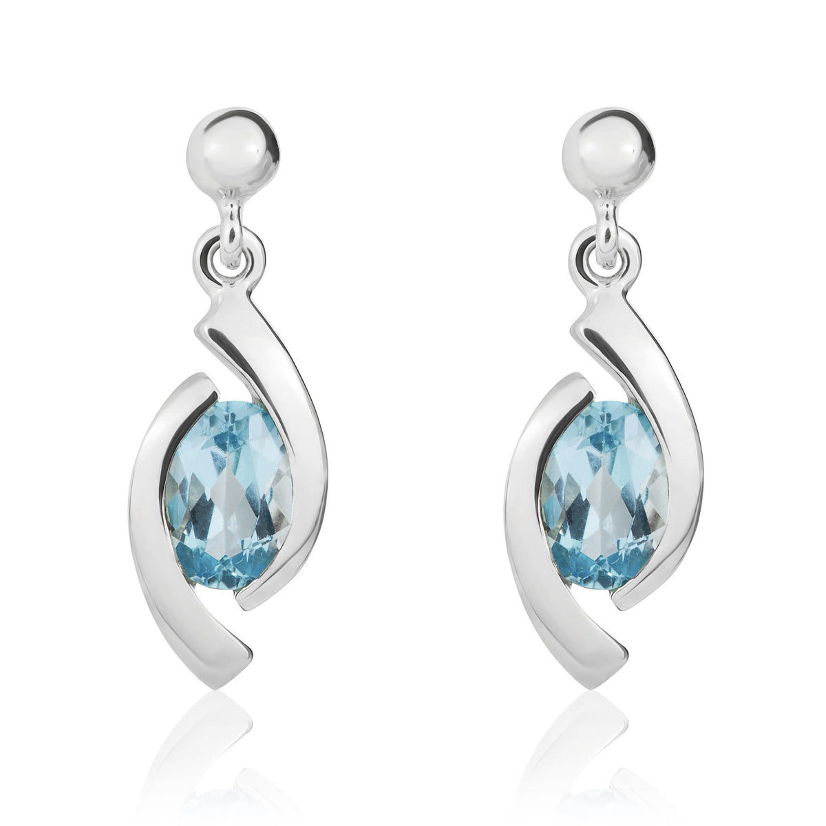 9ct White Gold Oval Swiss Blue Topaz 'eye' Drop Earrings with 3mm Bead Top