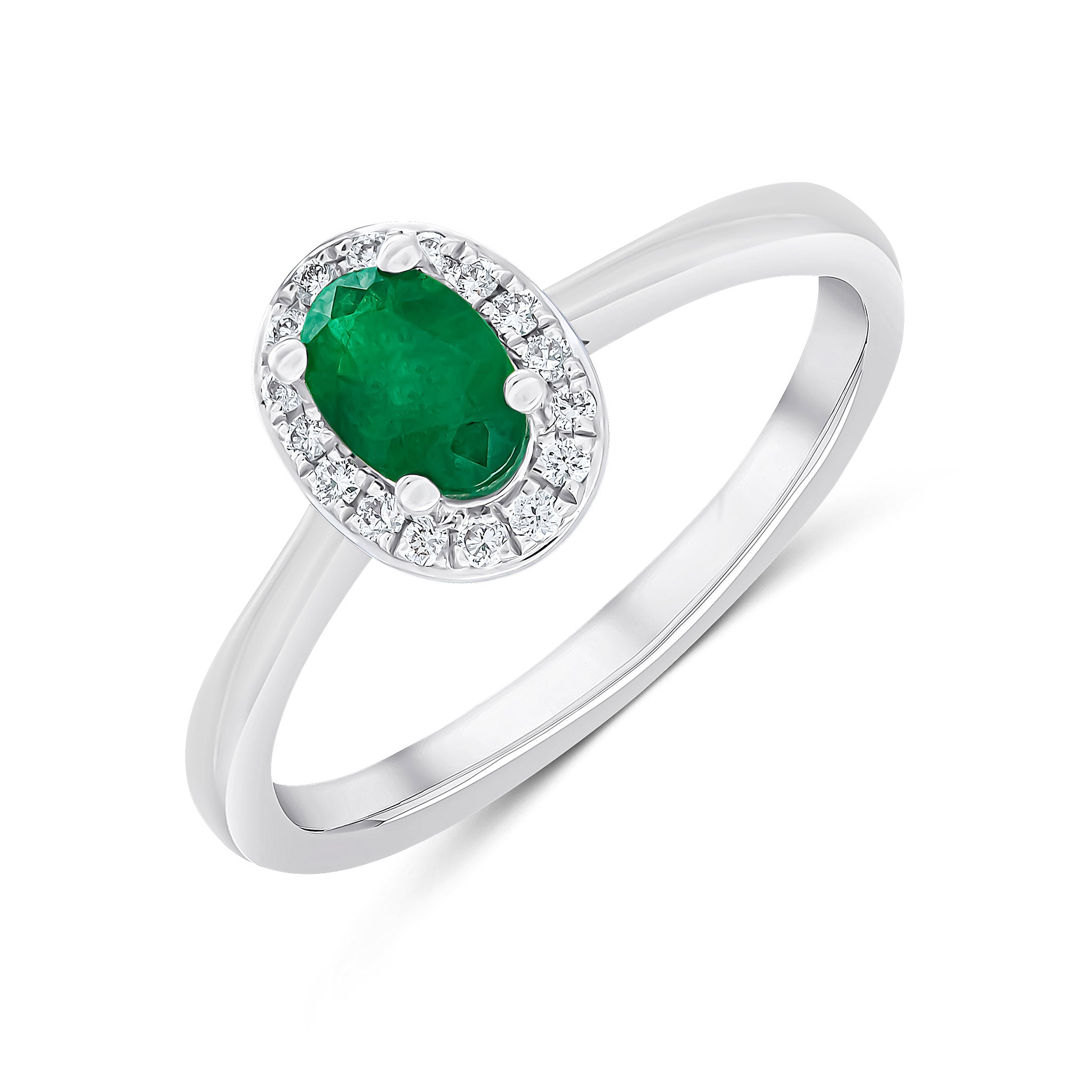 18ct White Gold 6x4 Oval Emerald & Round Diamond Claw Set Cluster Ring