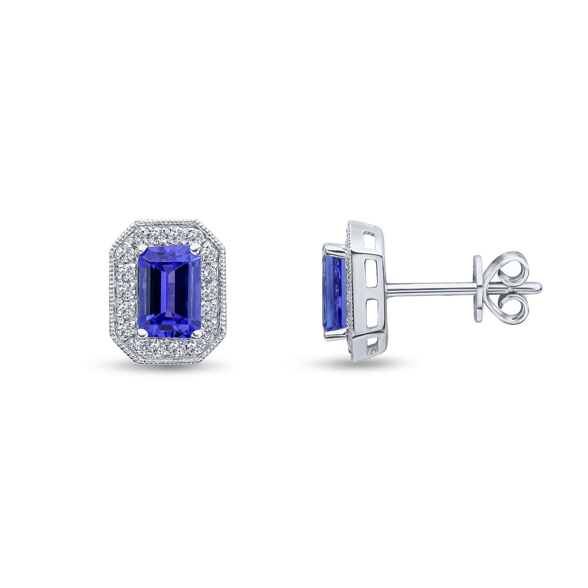18ct White Gold Claw Set 6x4 Octagon Tanzanite and Milgrain Round Diamond Cluster Earrings