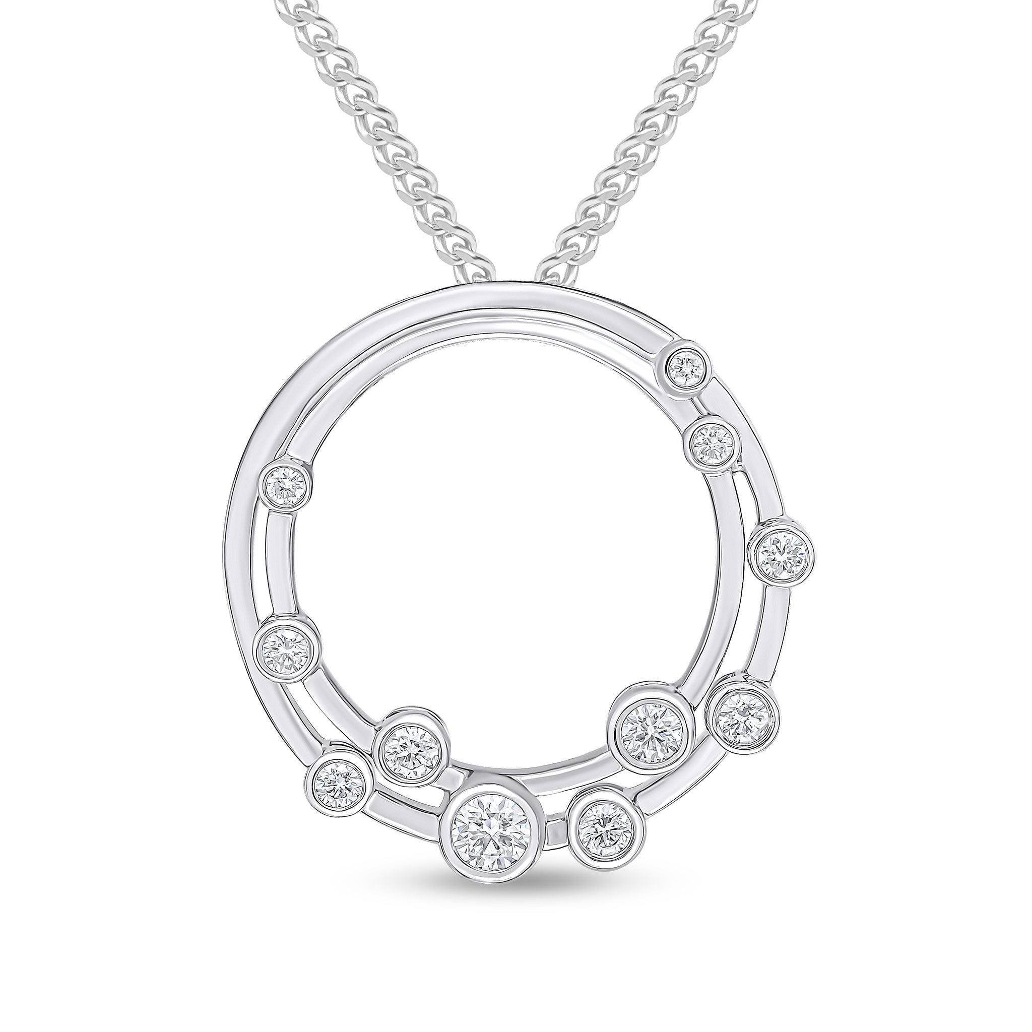 18ct White Gold Rubover Round Diamond 'bubble' Double Circle Slider Pendant 24mm Diameter