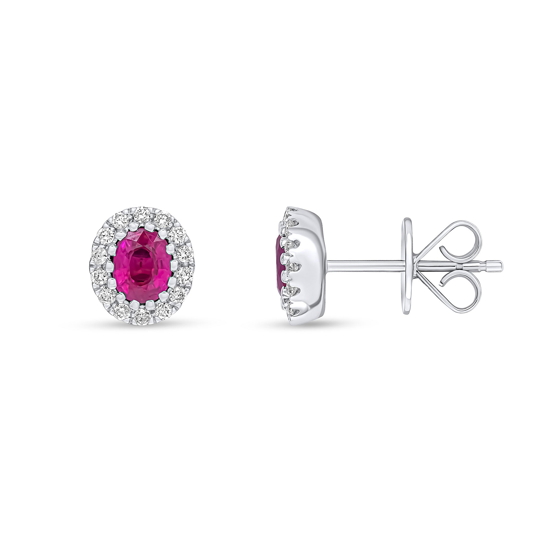 18ct White Gold 5x4 Oval Ruby and Round Diamond Claw Set Cluster Earrings