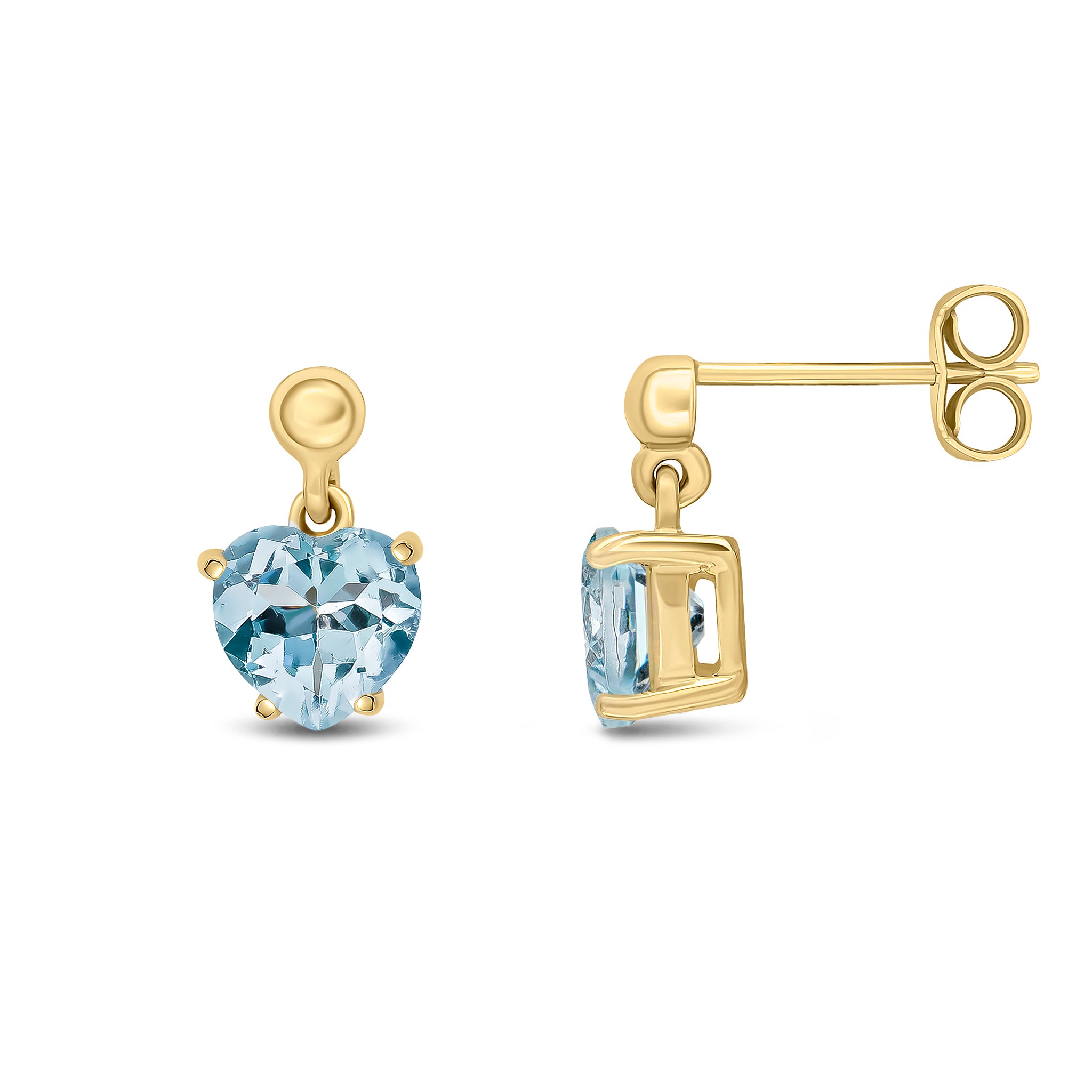 9ct Yellow Gold 6mm Heart-Shape Aquamarine Claw Set Drop Earrings with 3mm Bead Top