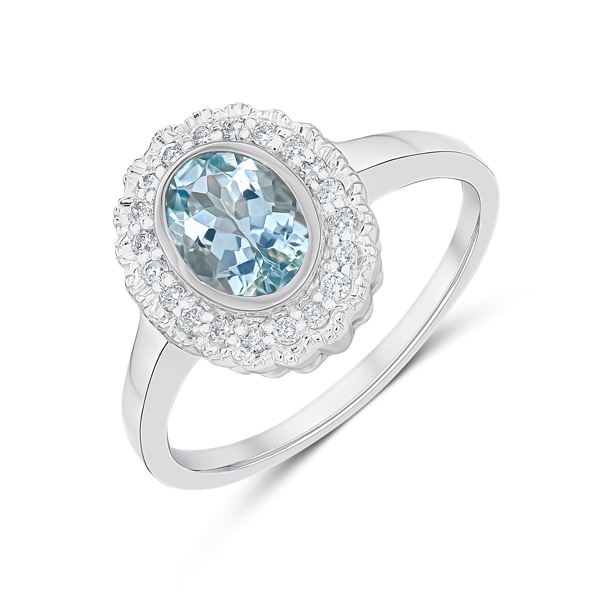 9ct White Gold Rubover Oval Aquamarine and Milgrain Round Diamond Cluster Ring