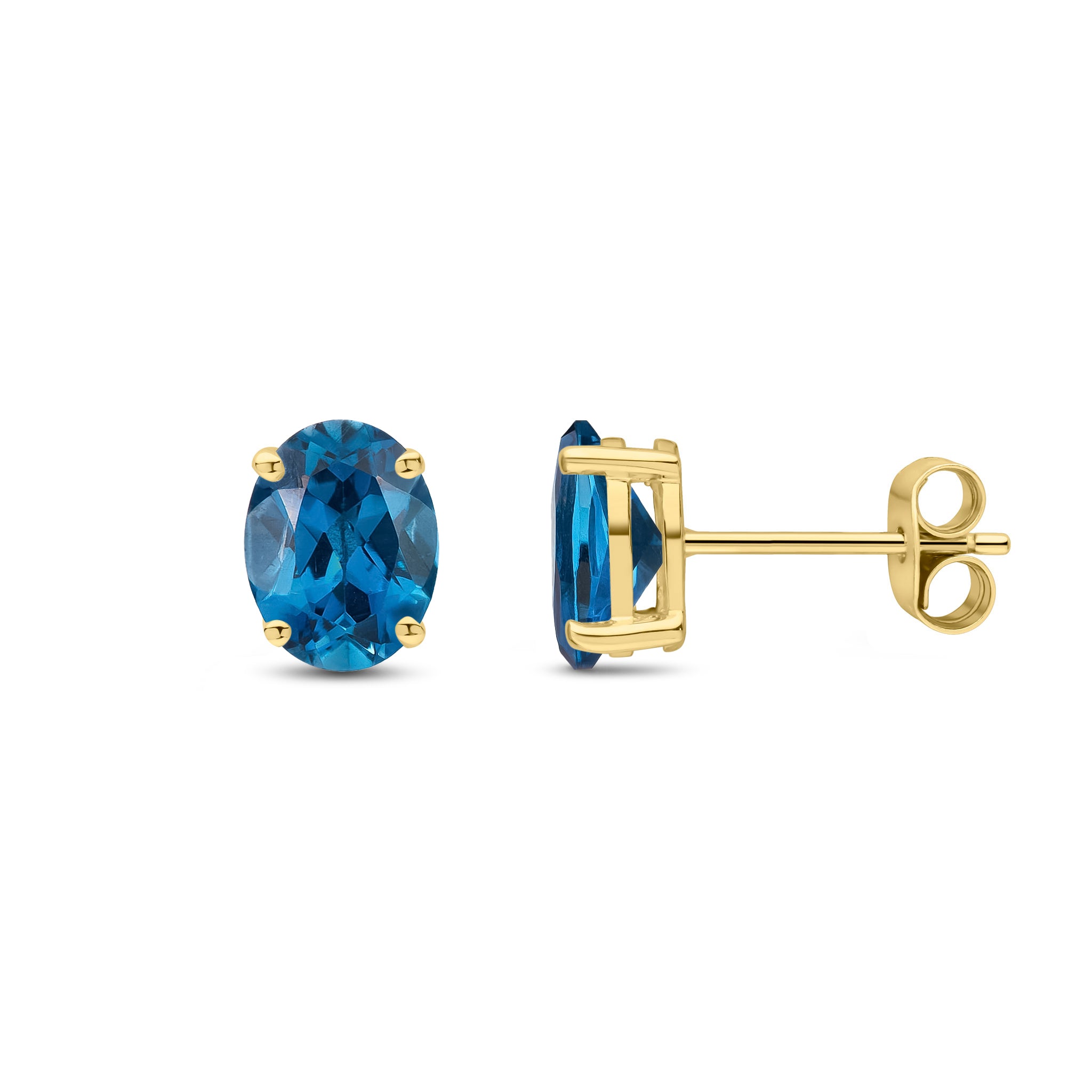 9ct Yellow Gold 8x6 Oval London Blue Topaz Claw Set Earrings