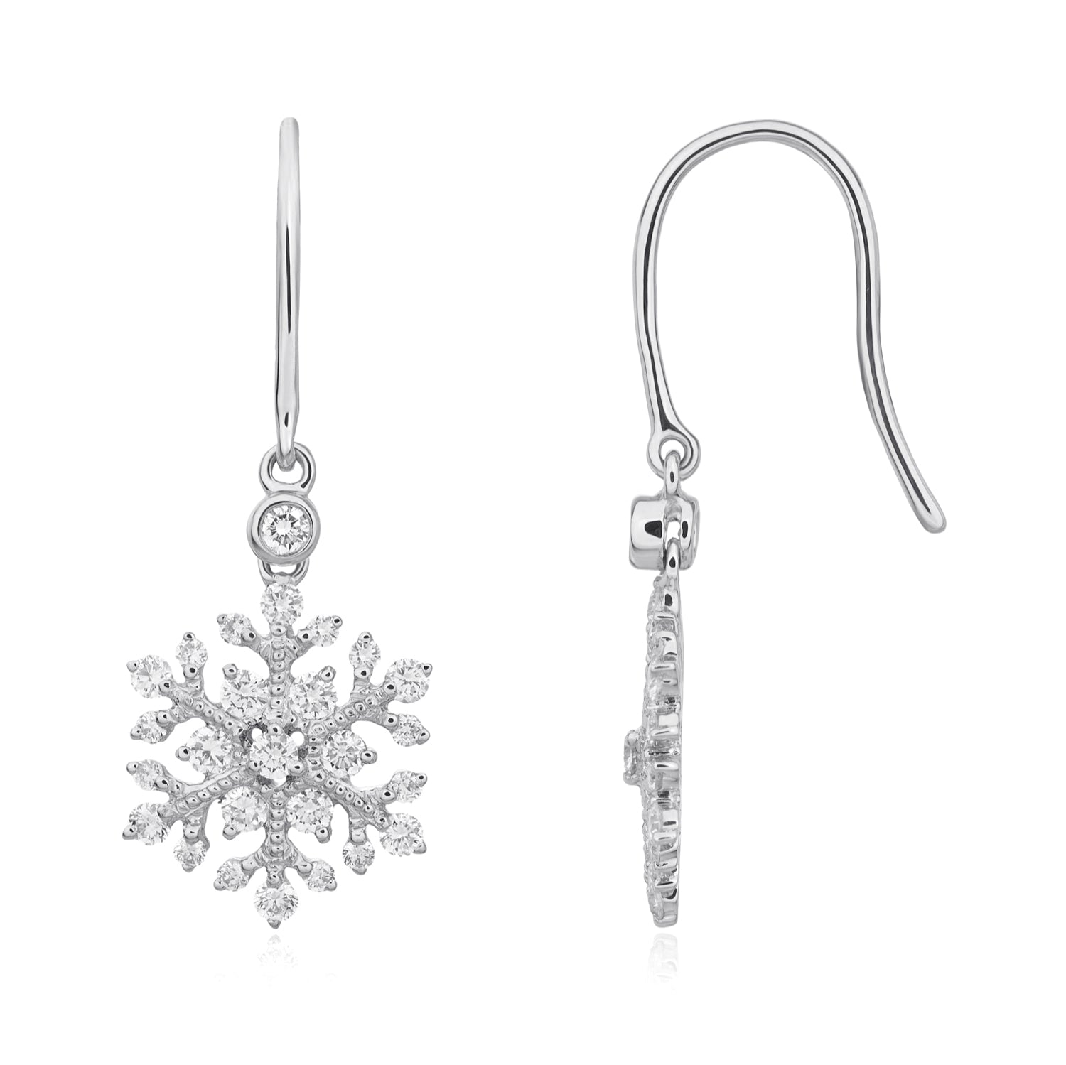 18ct White Gold Diamond Set Snowflake Drop Earrings On Hook Wire