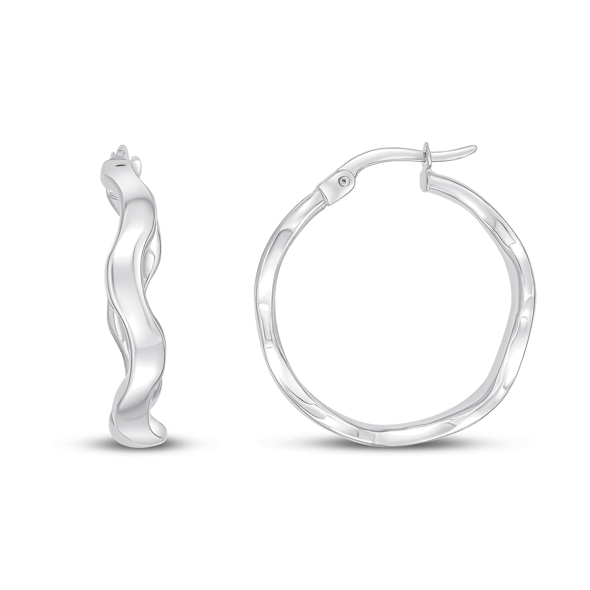 9ct White Gold Polished Wavy Round Hoop Earrings