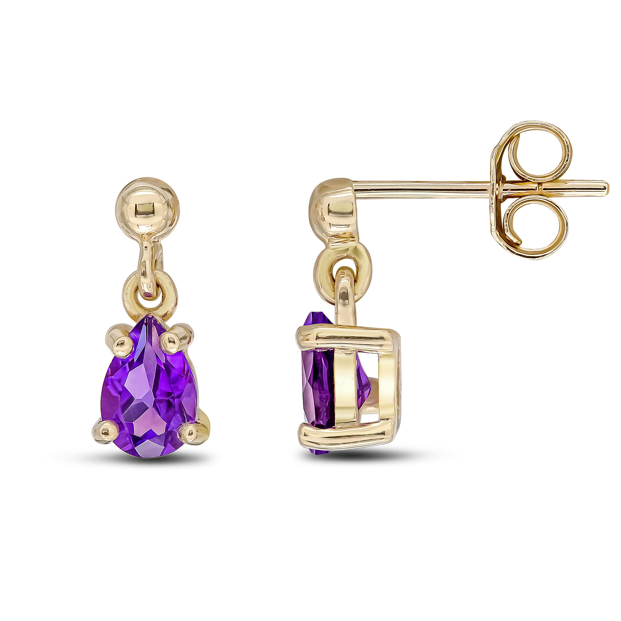 9ct Yellow Gold 6x4 Pear Shape Amethyst Claw Set Drop Earrings with Bead Stud Top