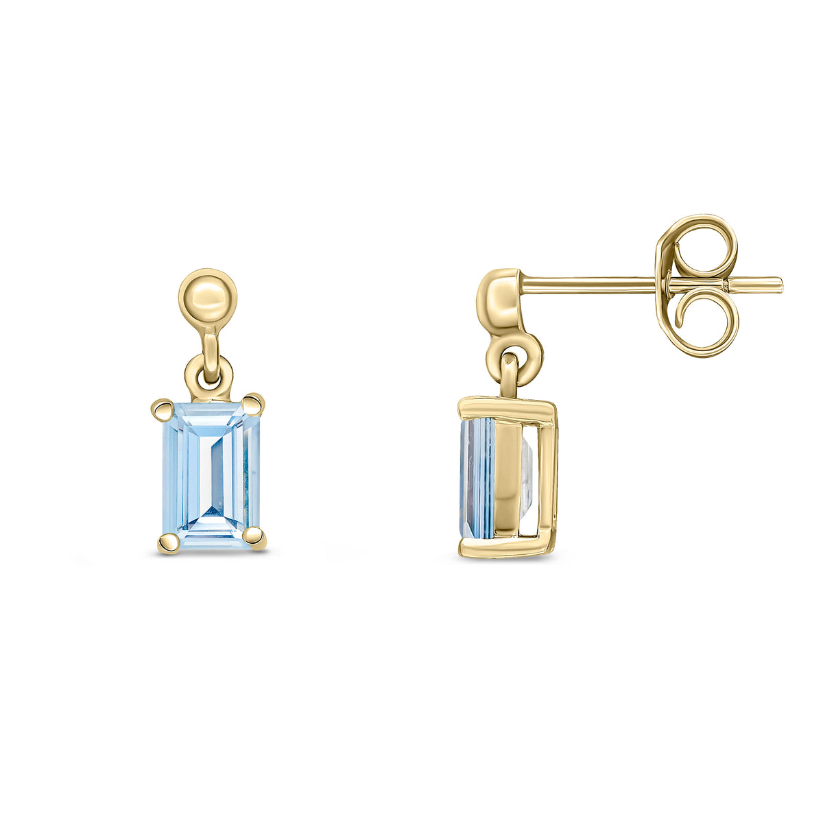 9ct Yellow Gold 6x4 Octagon Aquamarine Claw Set Drop Earrings with Bead Top