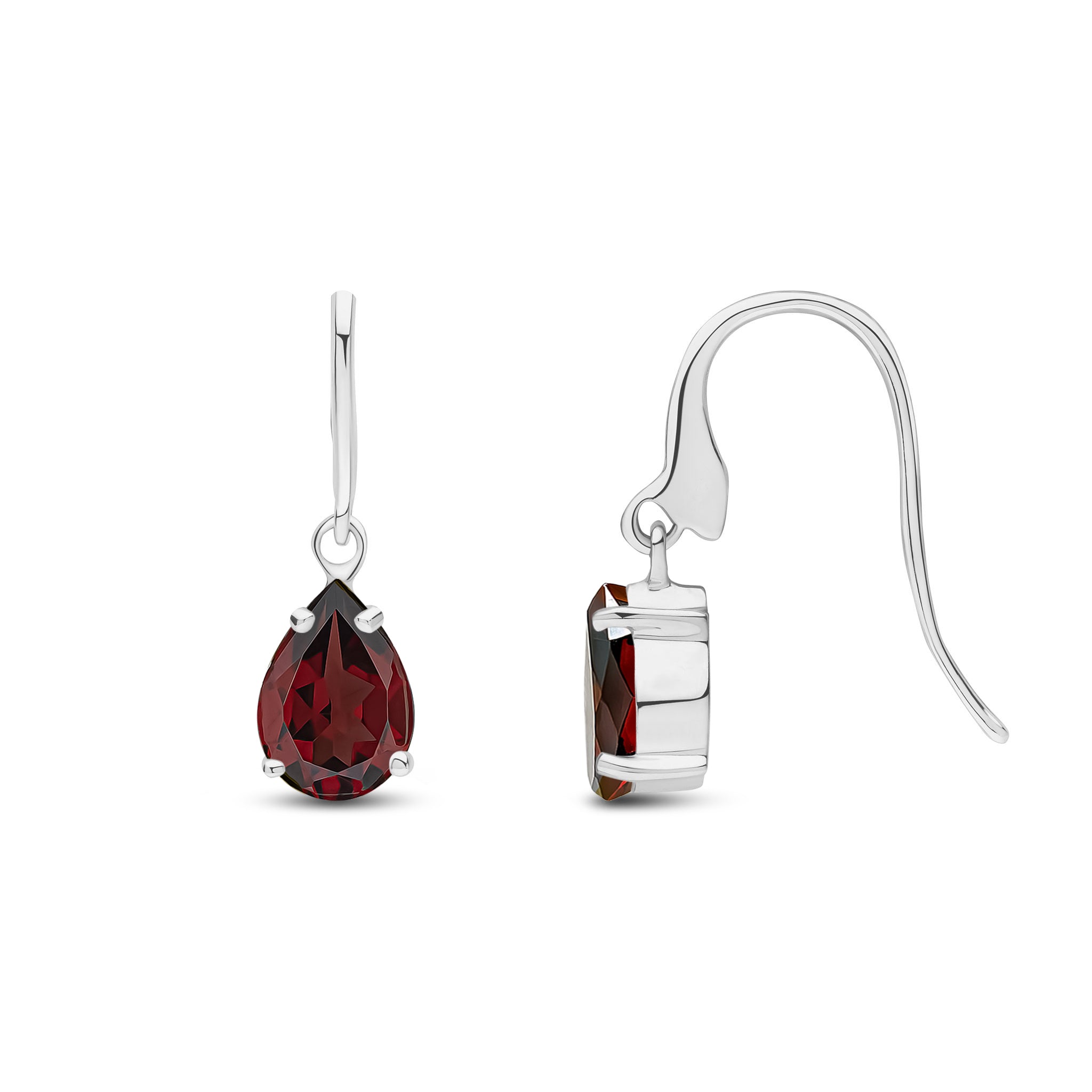 9ct White Gold 7x5mm Pear Shape Garnet Claw Set Wire Hook Drop Earrings