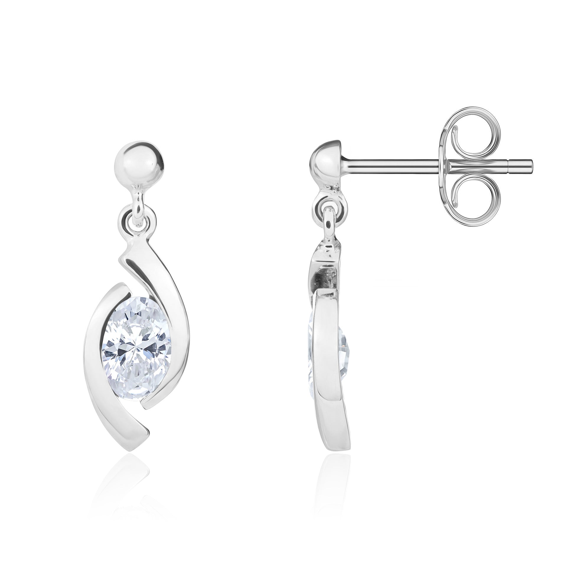 9ct White Gold Oval CZ 'eye' Drop Earrings with 3mm Bead Top
