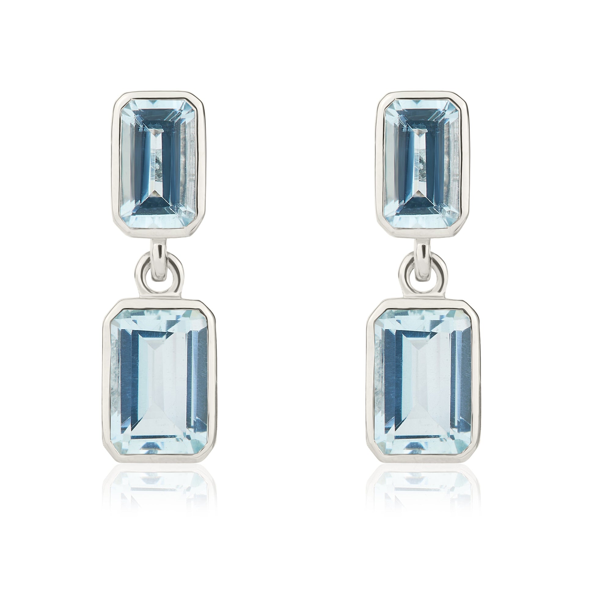 9ct White Gold Octagon Aquamarine 2 Stone Rubover Drop Earrings