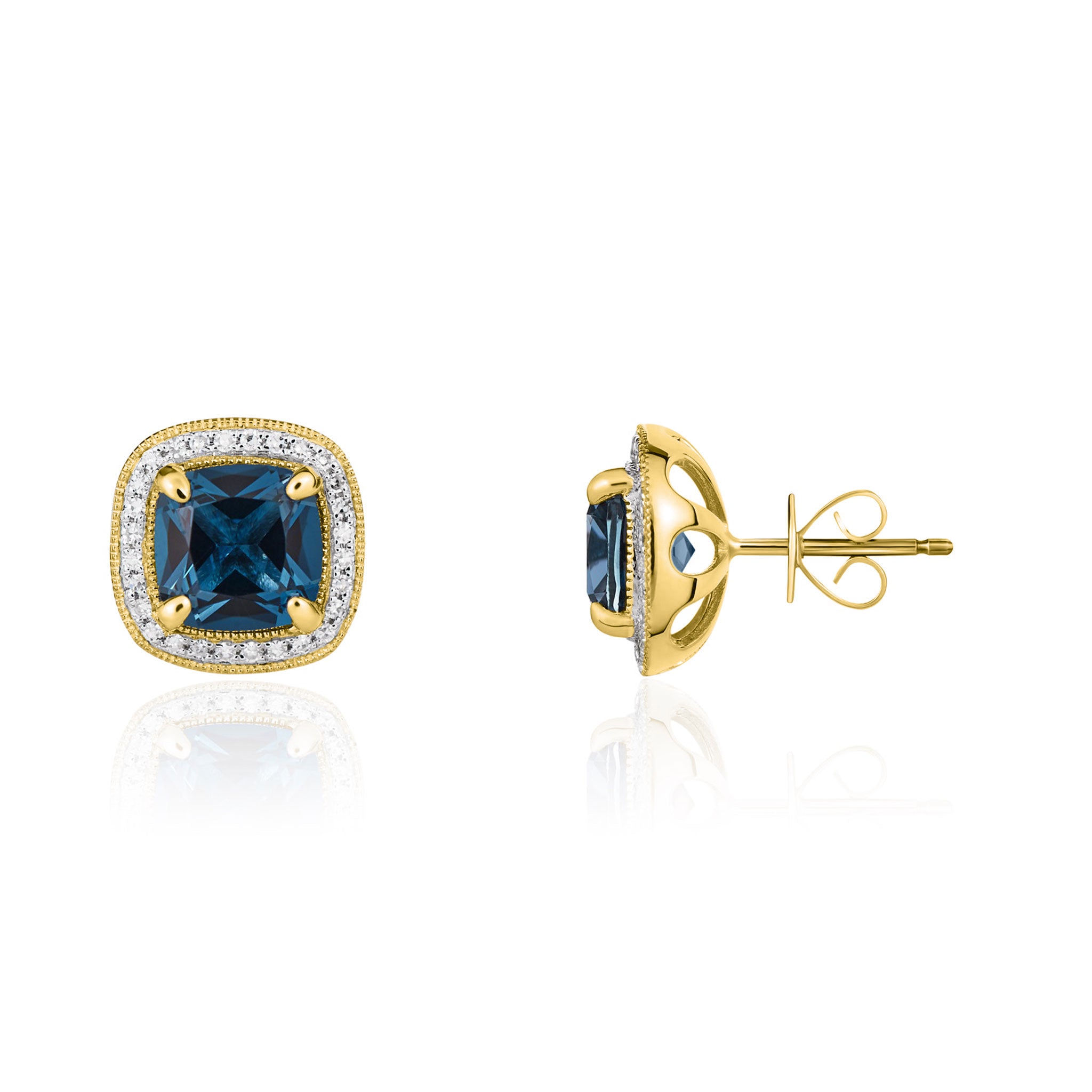 9ct Yellow Gold 7mm Cushion London Blue Topaz and Diamond Cluster Earrings with Milgrain Edge Rhodium to Diamonds