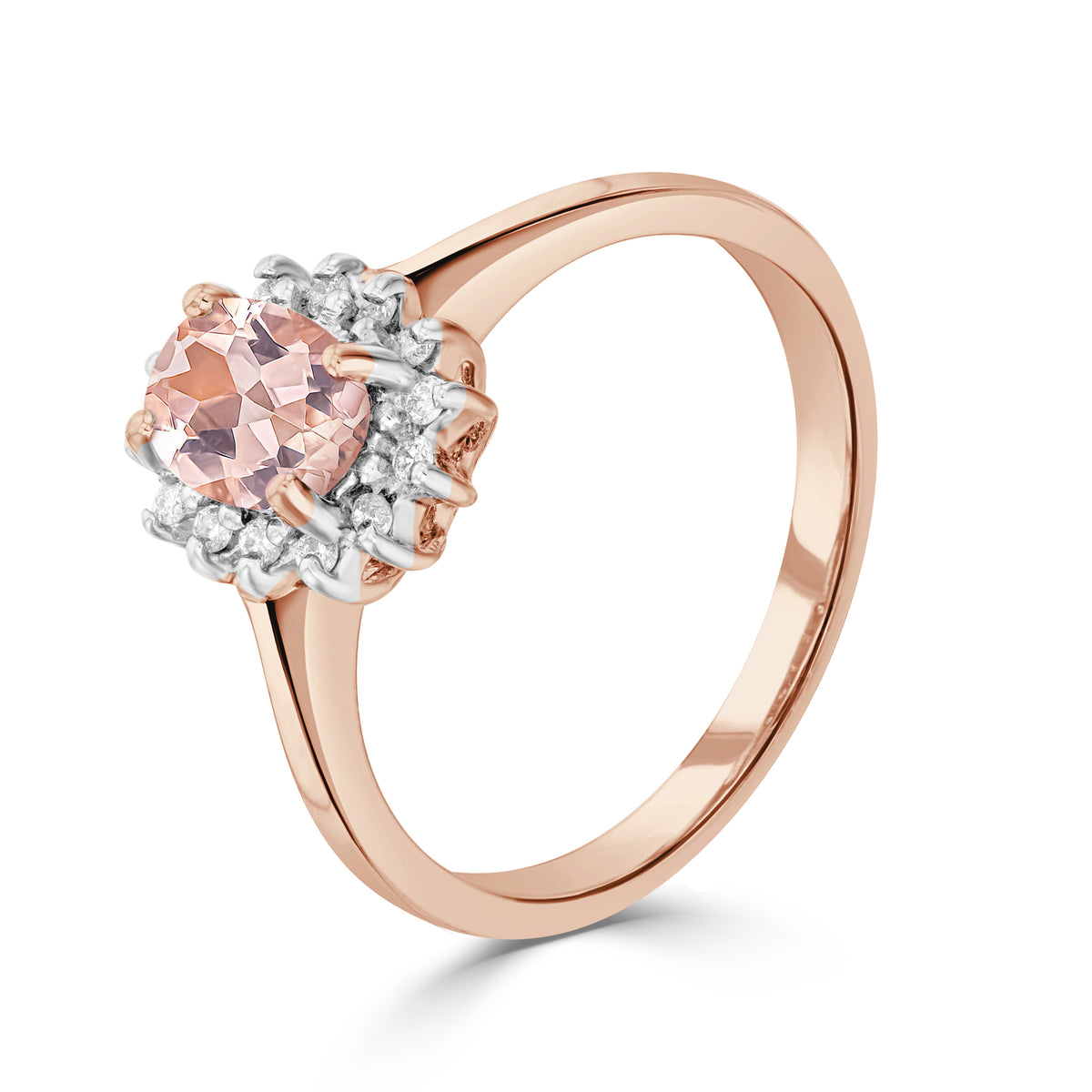 9ct Rose Gold 7x5 Oval Morganite & Diamond Claw Cluster Ring Rhodium to Diamonds